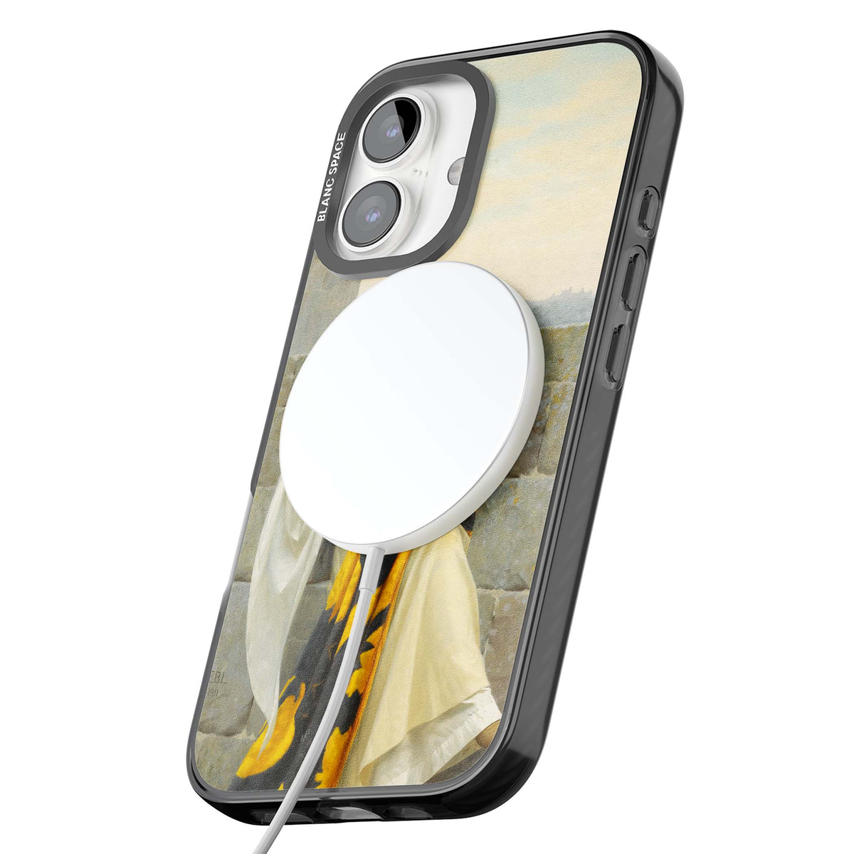 Stitching the Standard renaissance art iPhone case featuring a medieval lady sewing a golden banner on a castle wall | Black Impact Magsafe case for iPhone 16, iPhone 16 Plus
