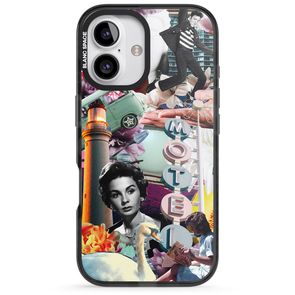 iPhone 16 Pro Max Vintage Collage: Retro Motel Black Impact Phone Case