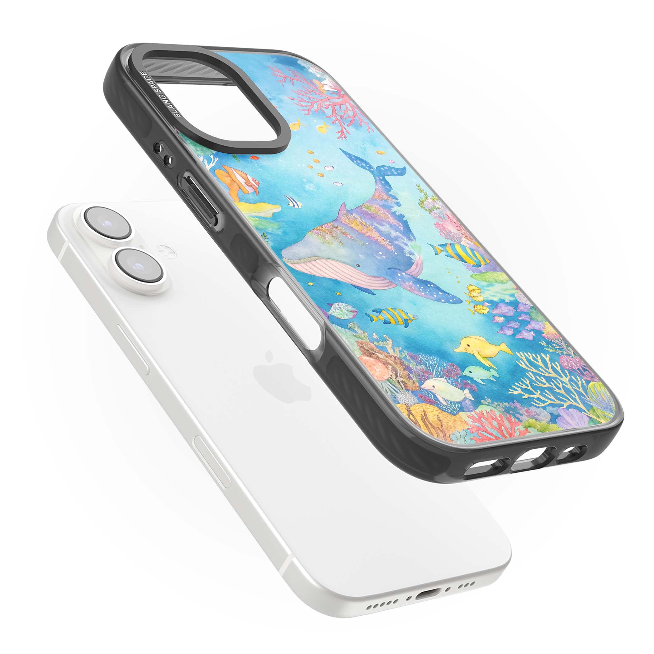 Coral Lagoon ocean iPhone case featuring a watercolour whale, coral reef and tropical fish | Black Impact Magsafe case for iPhone 16, iPhone 16 Plus