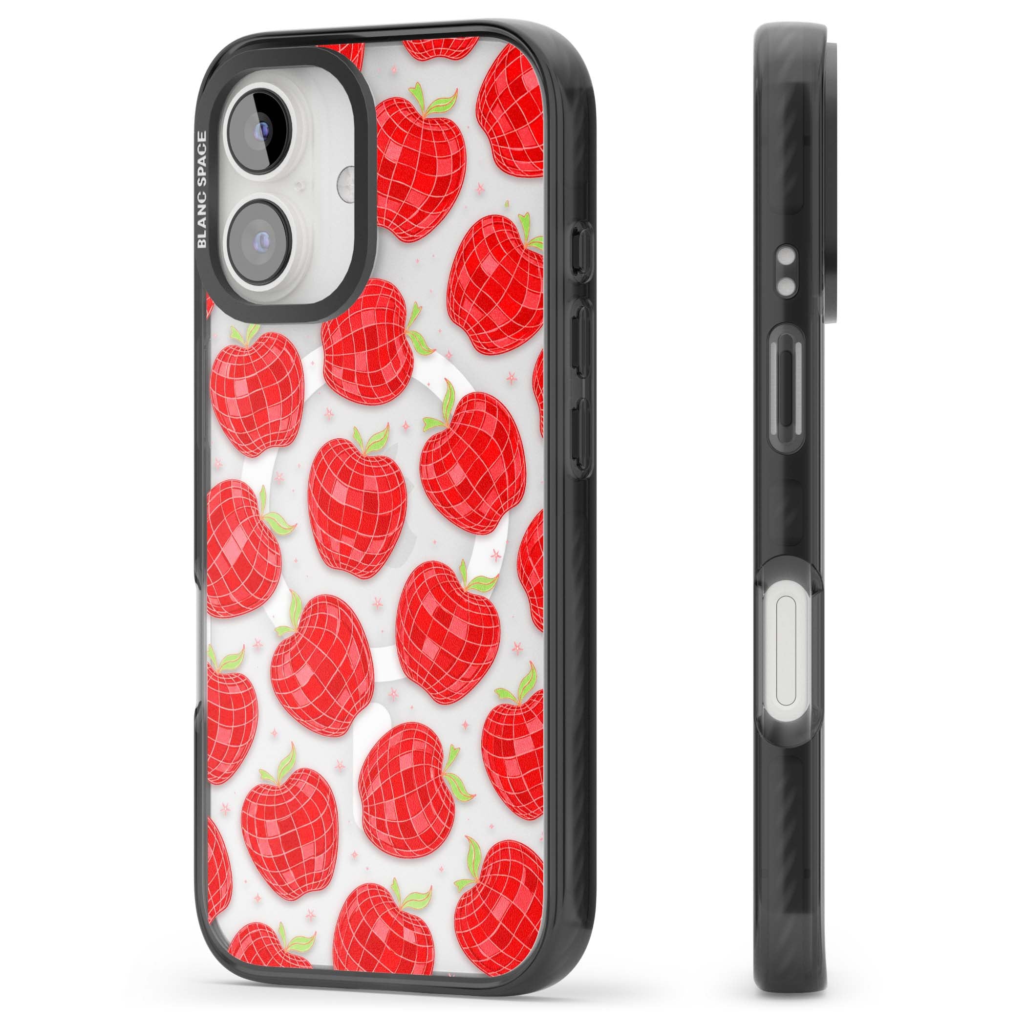 Disco Apples Y2K iPhone case featuring red disco ball apples, green leaves and pink sparkles on clear | Black Impact Magsafe case for iPhone 16, iPhone 16 Plus