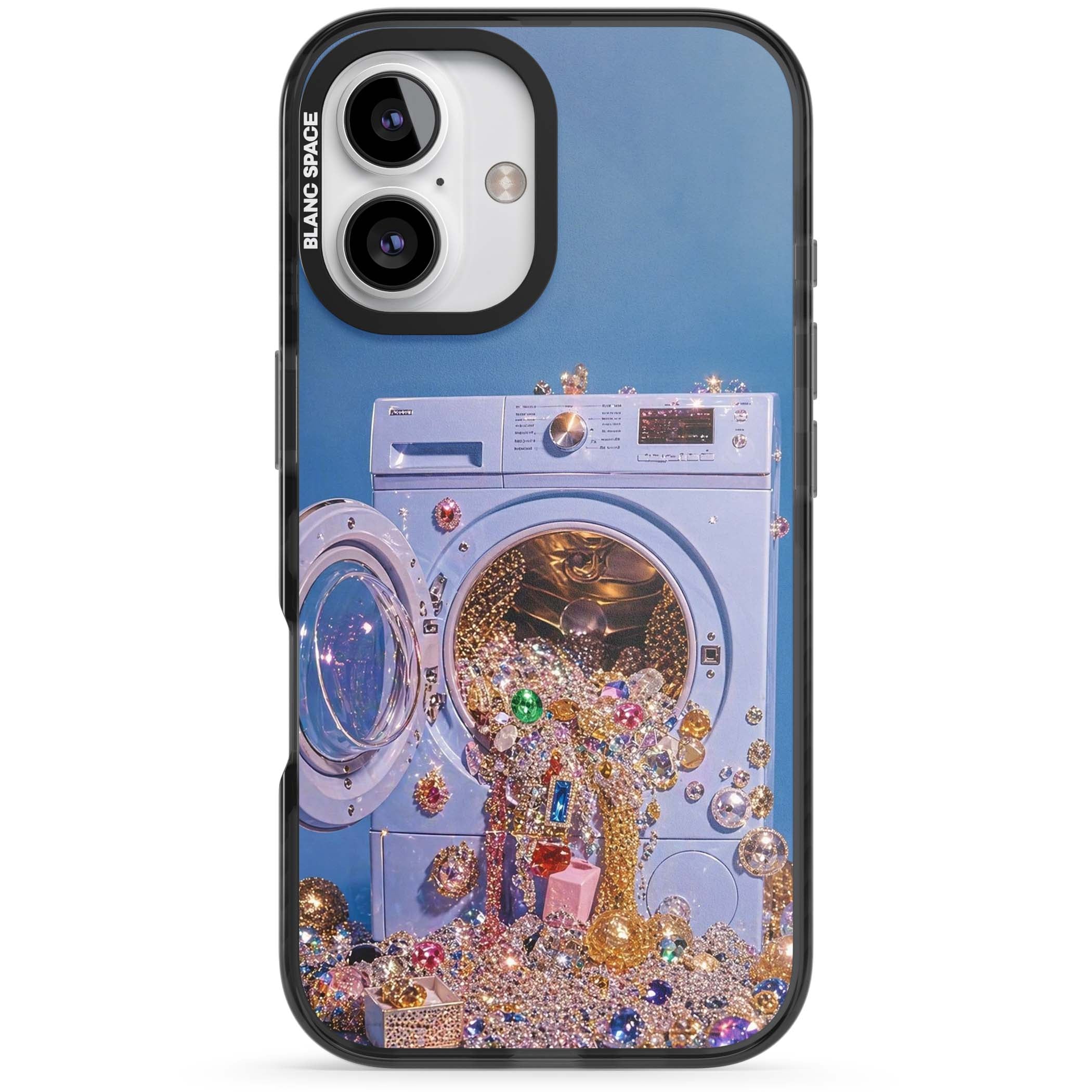 Gem Laundry baddie iPhone case featuring a surreal washing machine overflowing with colourful gemstones and crystals | Black Impact Magsafe case for iPhone 16, iPhone 16 Plus