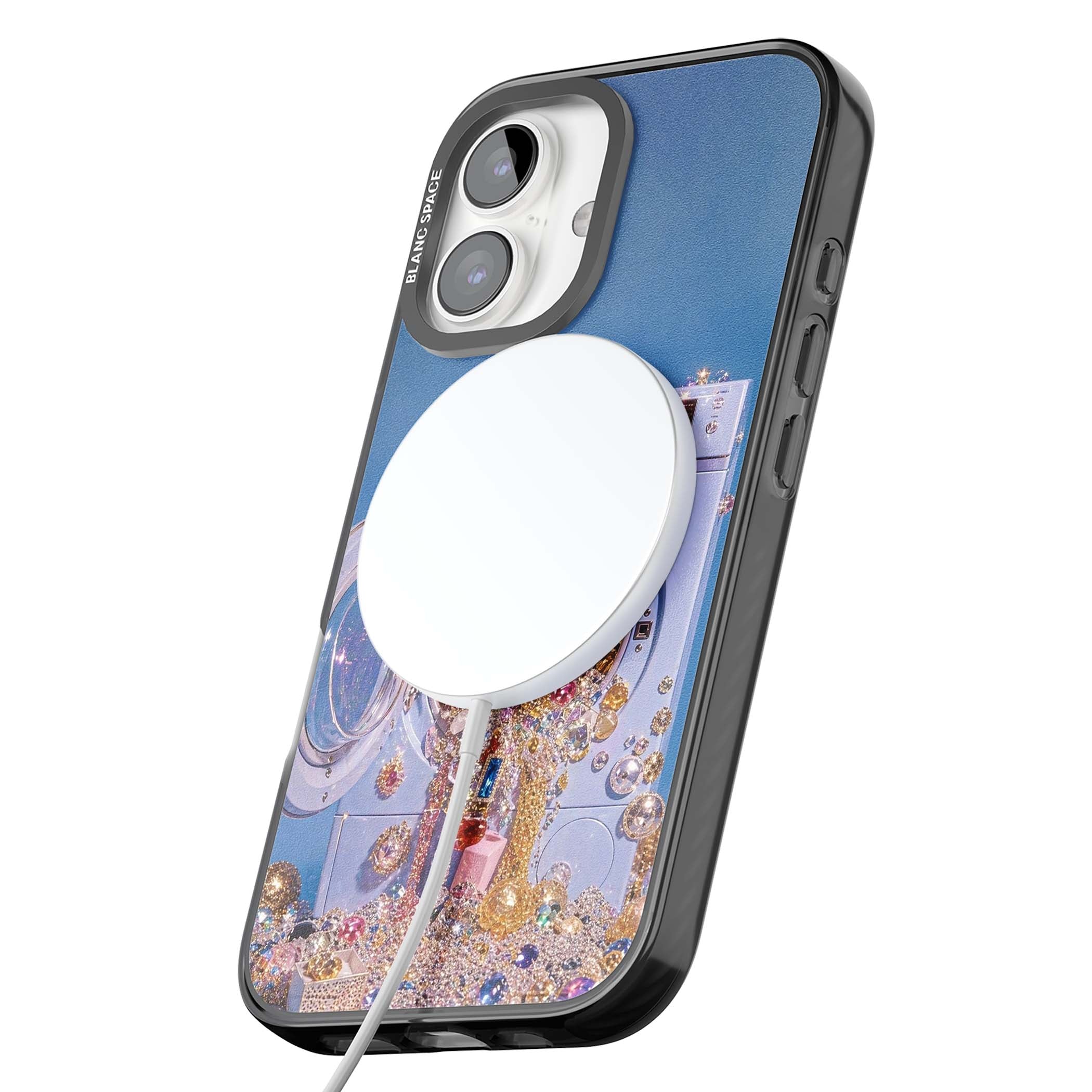 Gem Laundry baddie iPhone case featuring a surreal washing machine overflowing with colourful gemstones and crystals | Black Impact Magsafe case for iPhone 16, iPhone 16 Plus