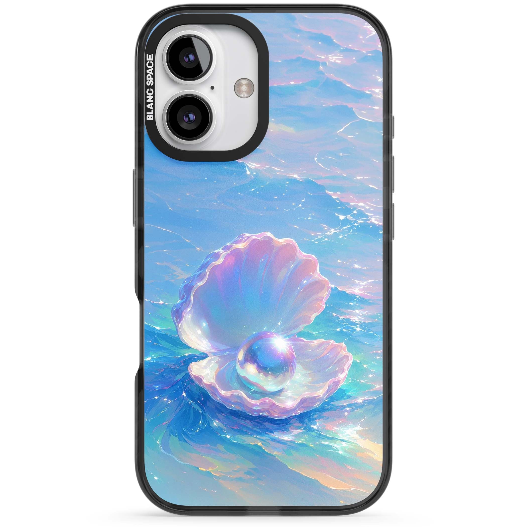 The Pearl Clam mermaidcore iPhone case featuring iridescent seashell, glowing pearl and pastel ocean waves | Black Impact Magsafe case for iPhone 16, iPhone 16 Plus