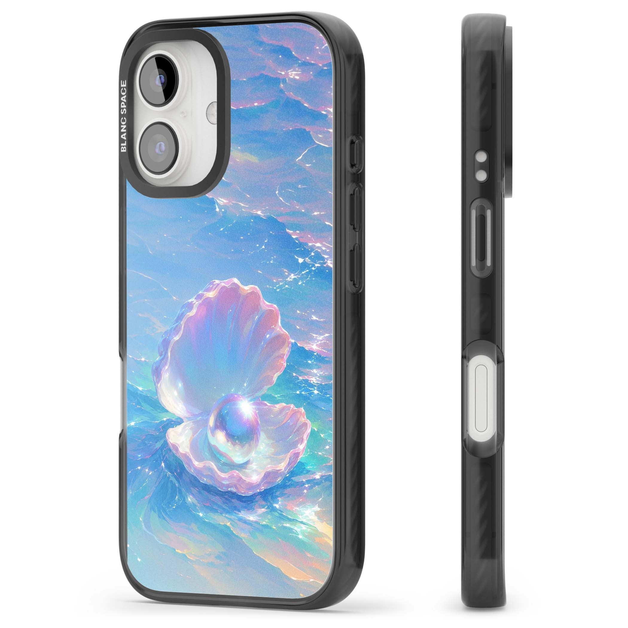 The Pearl Clam mermaidcore iPhone case featuring iridescent seashell, glowing pearl and pastel ocean waves | Black Impact Magsafe case for iPhone 16, iPhone 16 Plus