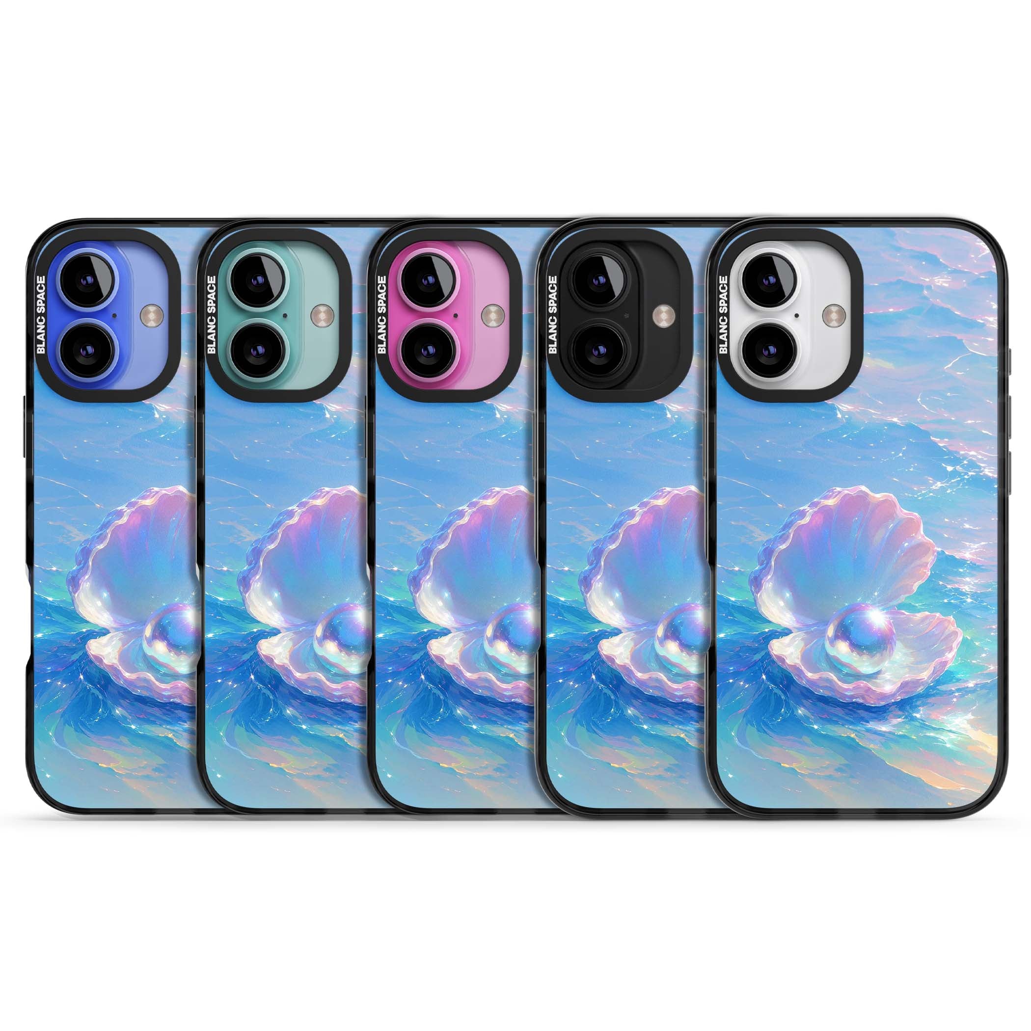 The Pearl Clam mermaidcore iPhone case featuring iridescent seashell, glowing pearl and pastel ocean waves | Black Impact Magsafe case for iPhone 16, iPhone 16 Plus