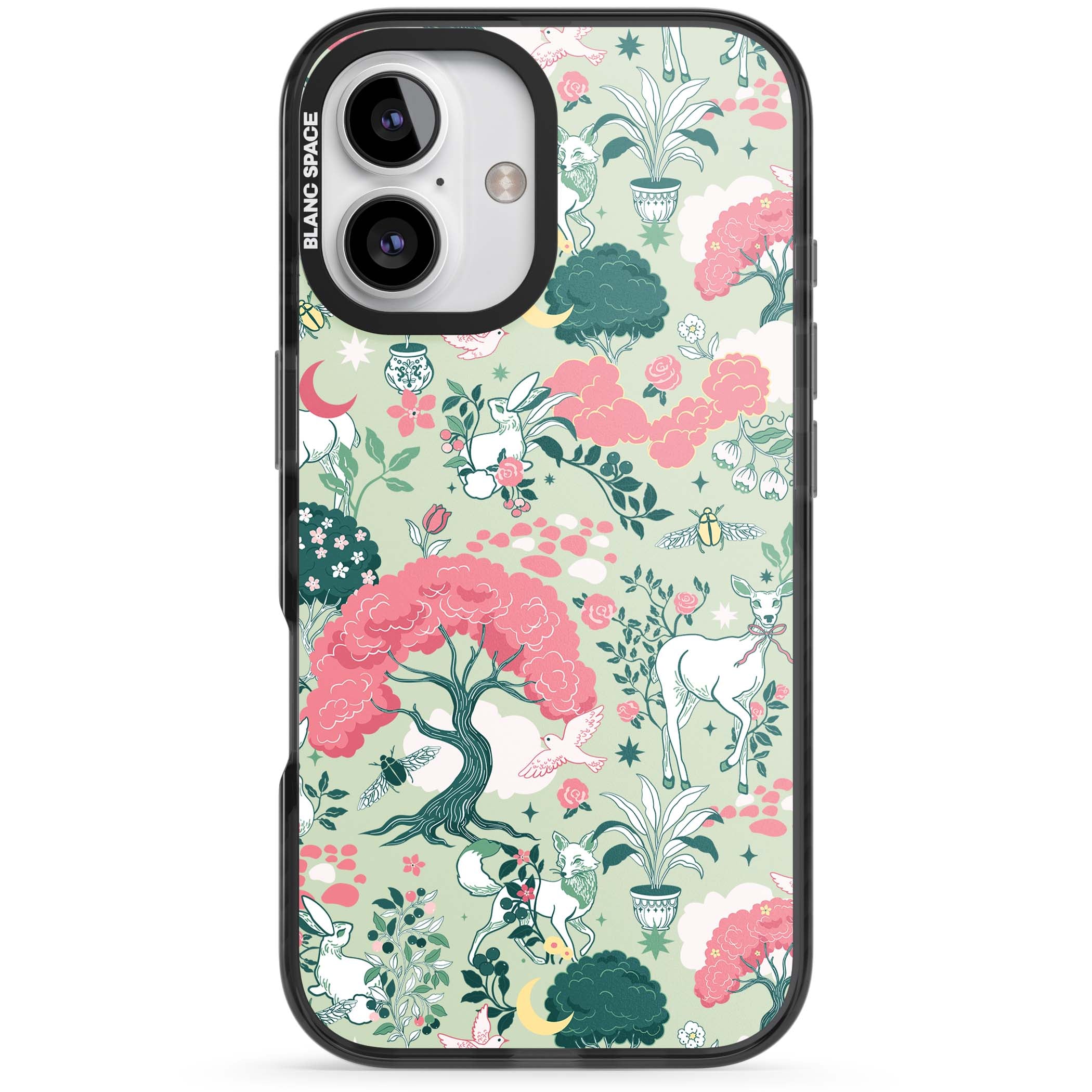 Enchanted Woodland cottagecore iPhone case featuring white deer, pink roses, mushrooms and woodland animals on sage green | Black Impact Magsafe case for iPhone 16, iPhone 16 Plus
