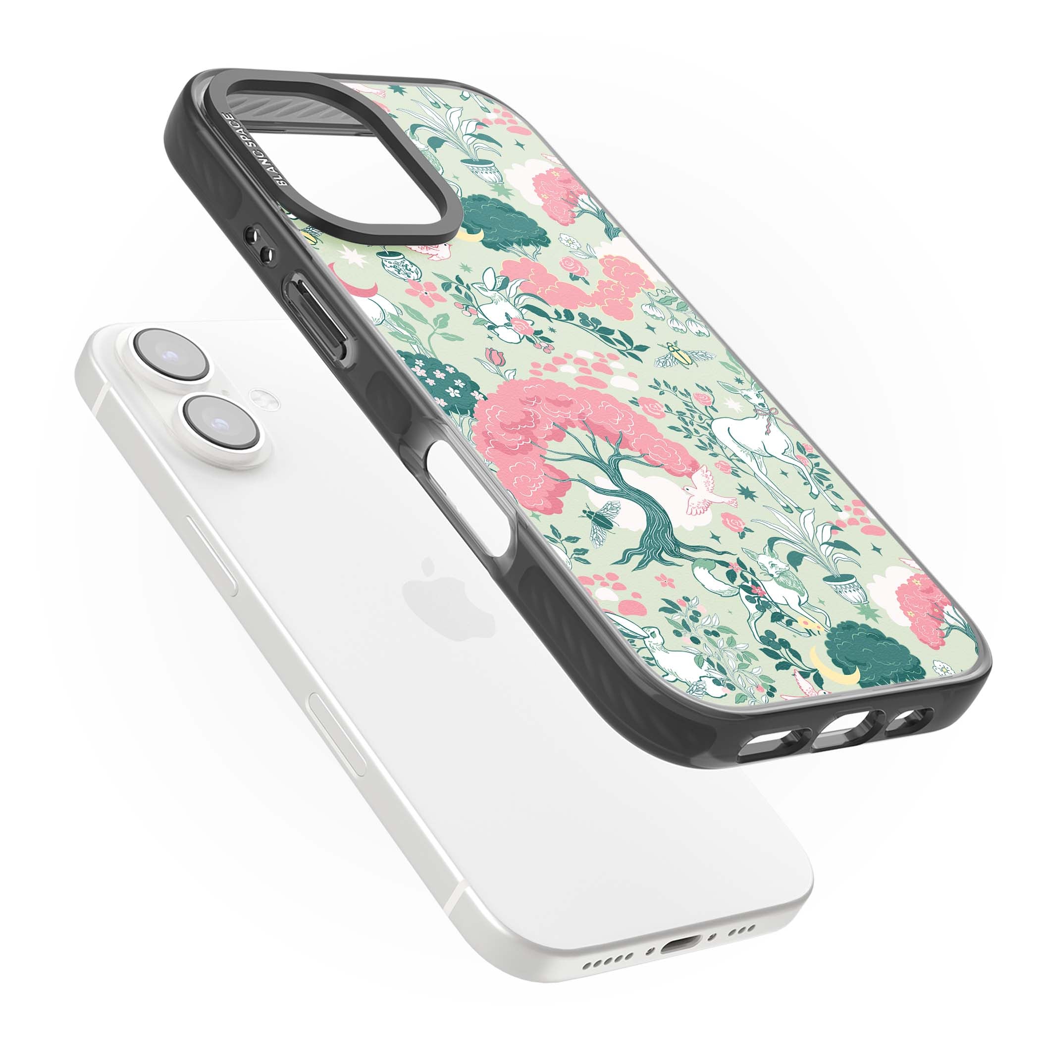Enchanted Woodland cottagecore iPhone case featuring white deer, pink roses, mushrooms and woodland animals on sage green | Black Impact Magsafe case for iPhone 16, iPhone 16 Plus