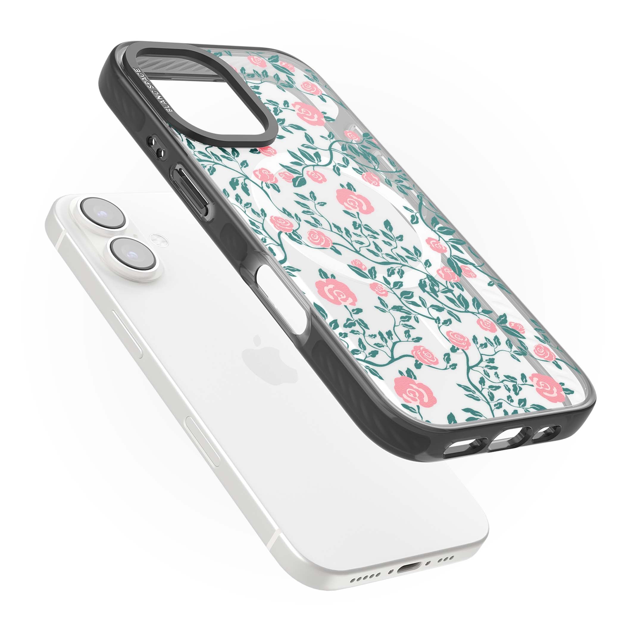 Rose Trellis (Clear) cottagecore iPhone case featuring pink climbing roses and green leaves on clear background | Black Impact Magsafe case for iPhone 16, iPhone 16 Plus