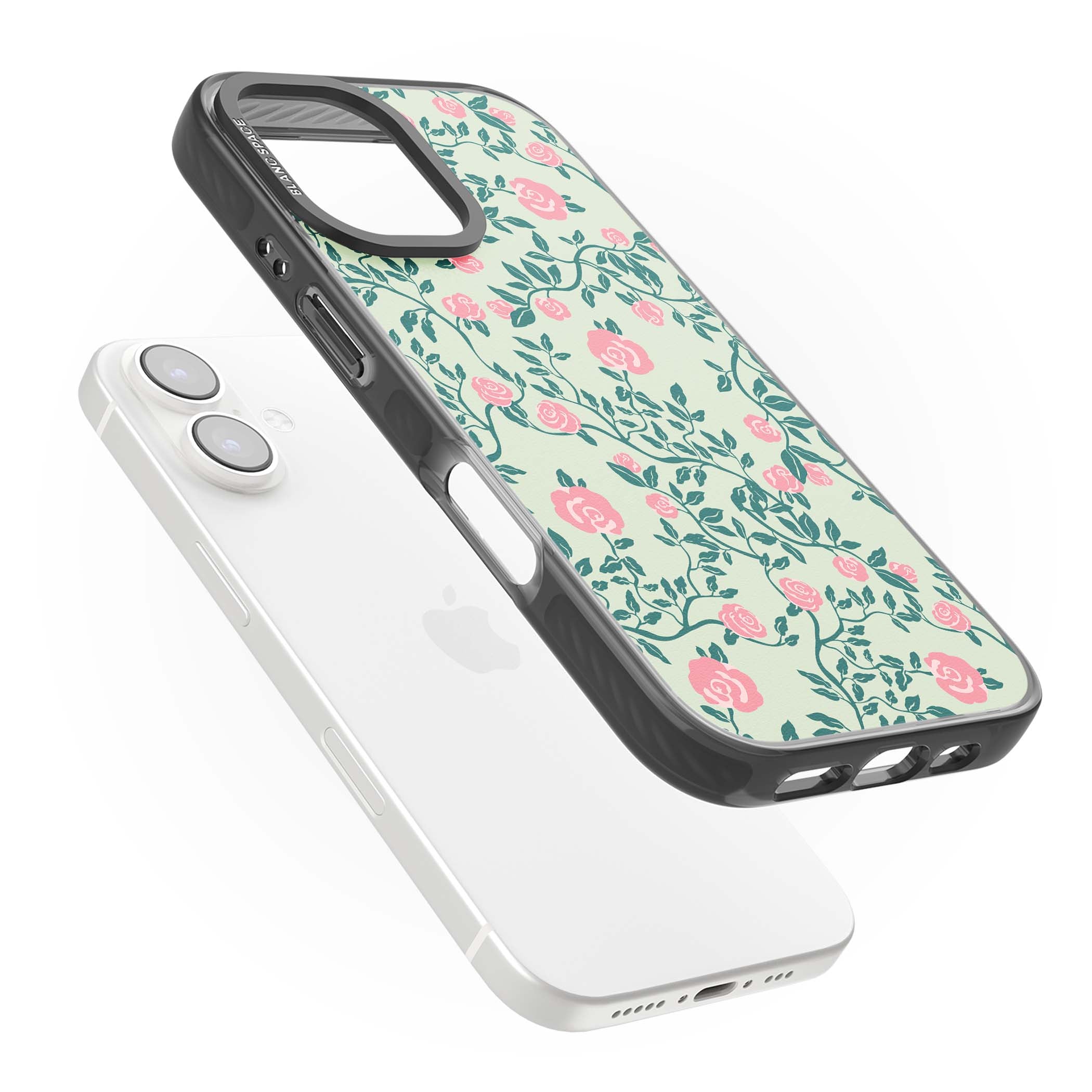 Rose Trellis cottagecore iPhone case featuring pink roses, sage green vines, and mint background | Black Impact Magsafe case for iPhone 16, iPhone 16 Plus