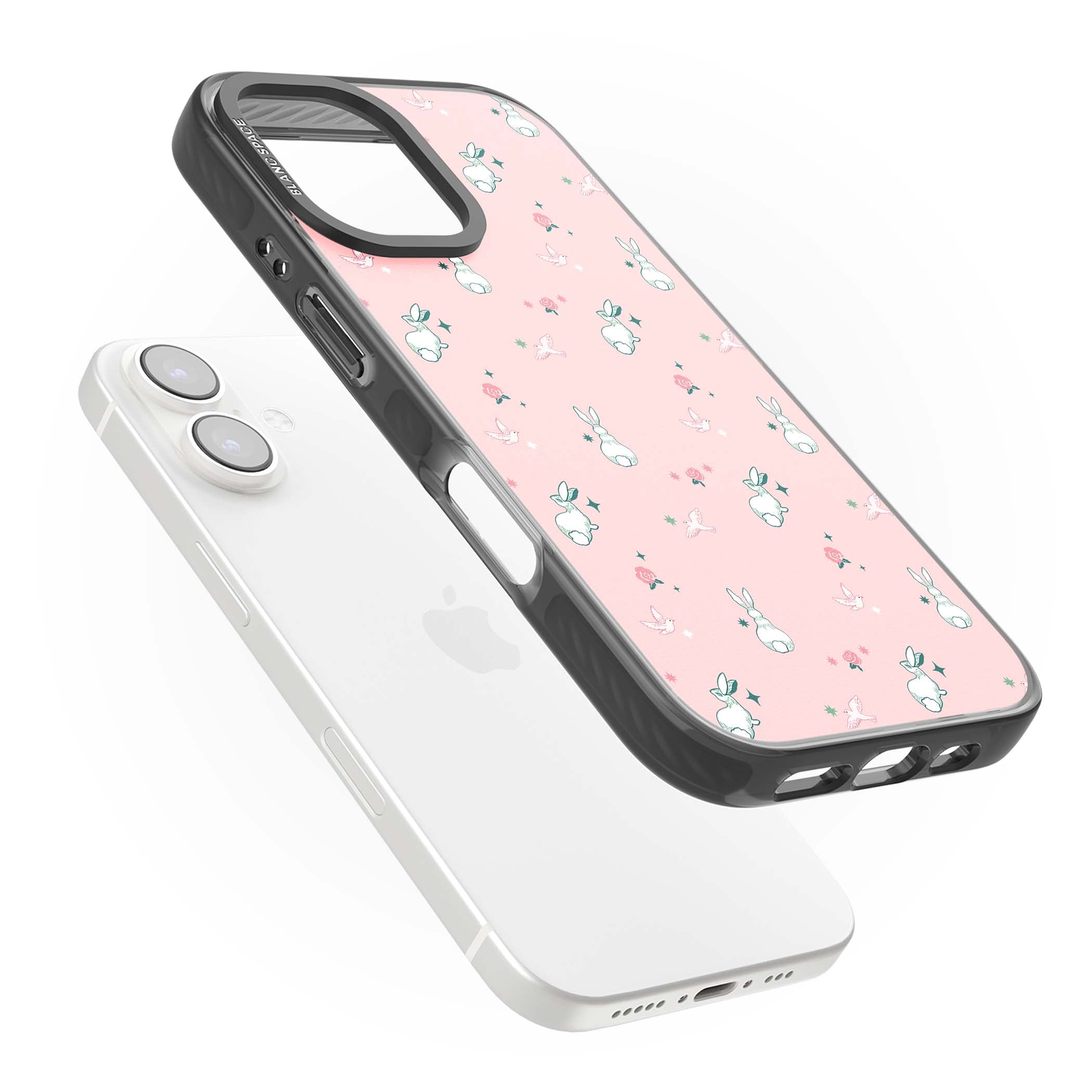 Bunny Garden kawaii iPhone case featuring white rabbits, pink roses, doves and stars on pink background | Black Impact Magsafe case for iPhone 16, iPhone 16 Plus