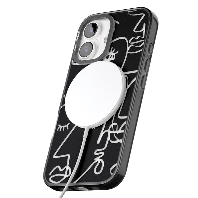 iPhone 16 Pro Max Abstract Continuous Line Faces Clear on Black Black Impact Phone Case