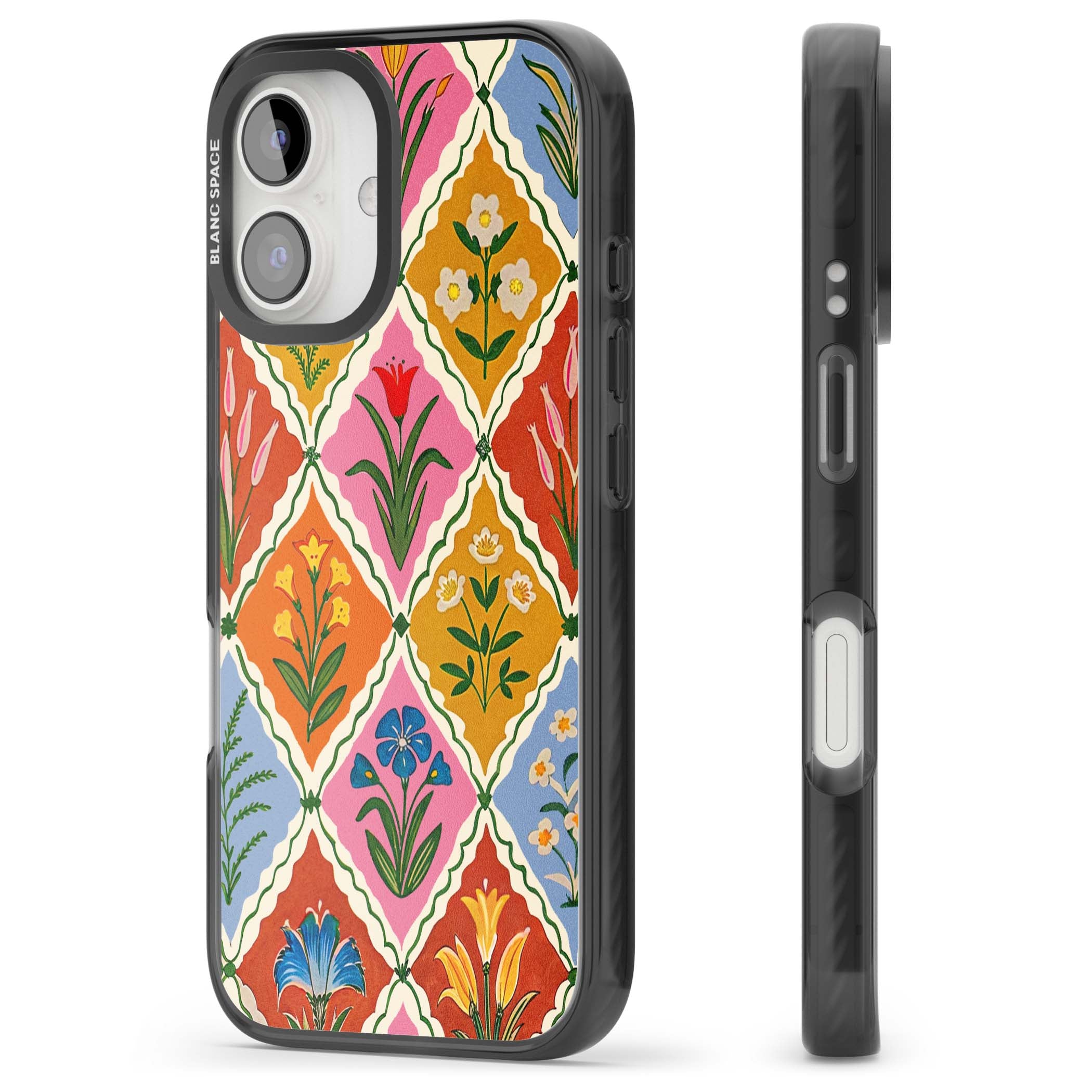 Floral Quilt boho floral iPhone case featuring diamond lattice pattern, hand-painted tulips and folk art wildflowers | Black Impact Magsafe case for iPhone 16, iPhone 16 Plus
