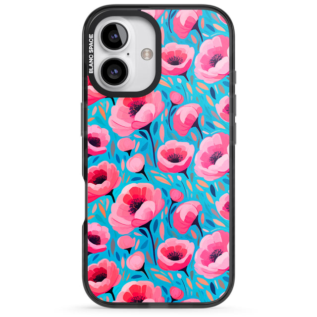 iPhone 16 Pro Max Tropical Pink Poppies Black Impact Phone Case