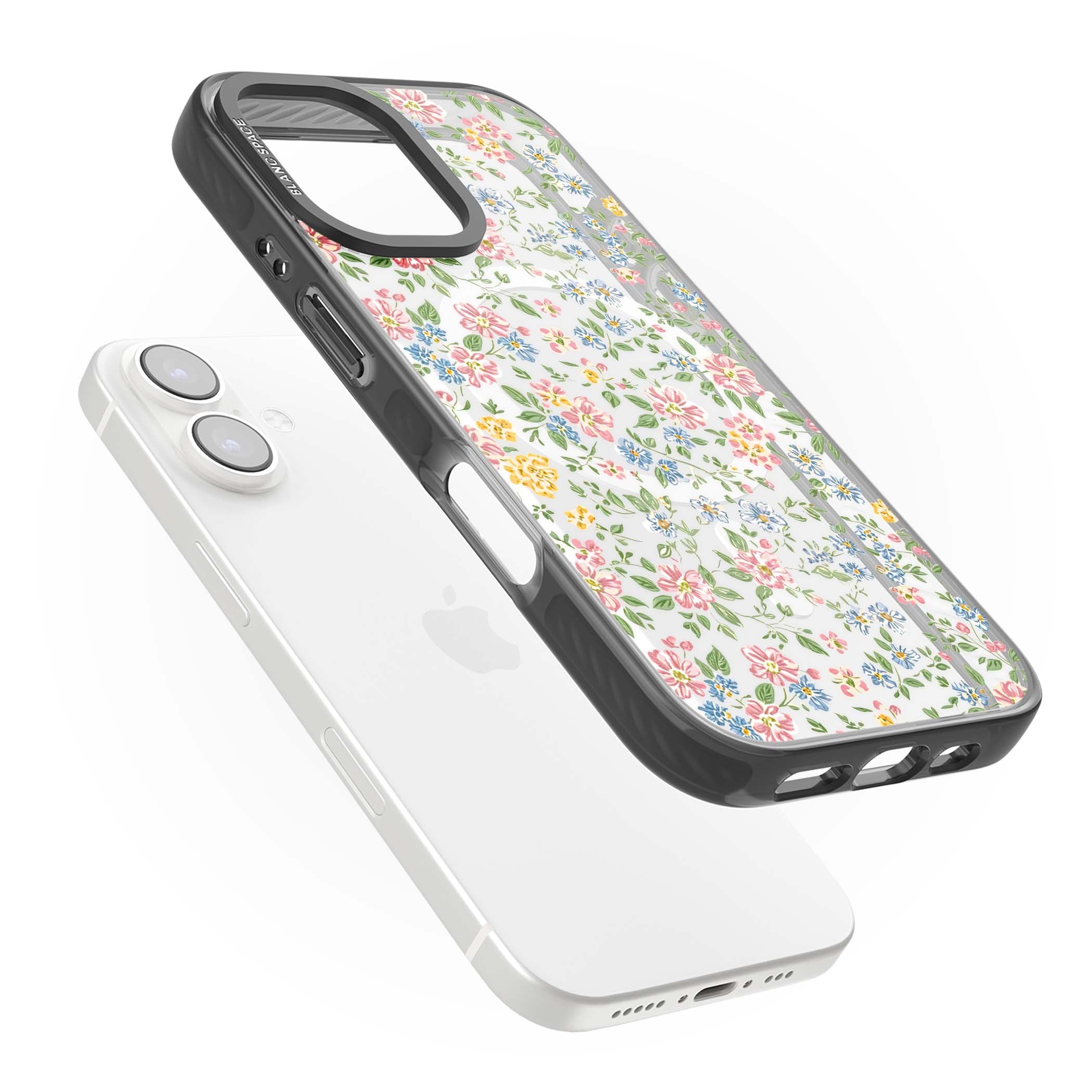 Soft Meadow cottagecore iPhone case featuring pink cosmos, blue forget-me-nots, yellow buttercups and green leaves sca | Black Impact Magsafe case for iPhone 16, iPhone 16 Plus