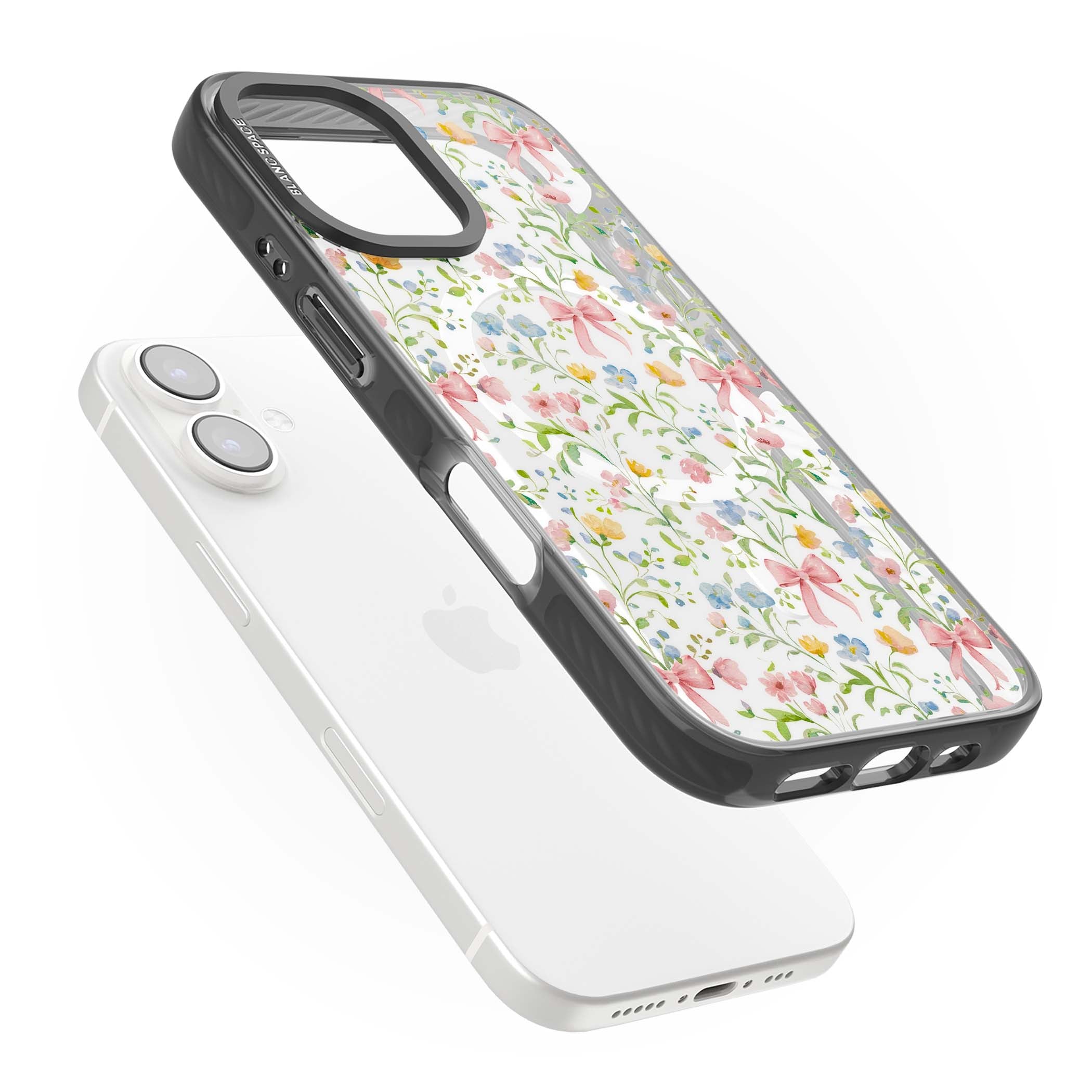 Ribbons & Wildflowers cottagecore iPhone case featuring watercolor wildflowers, pink satin bows, and delicate spring blooms o | Black Impact Magsafe case for iPhone 16, iPhone 16 Plus