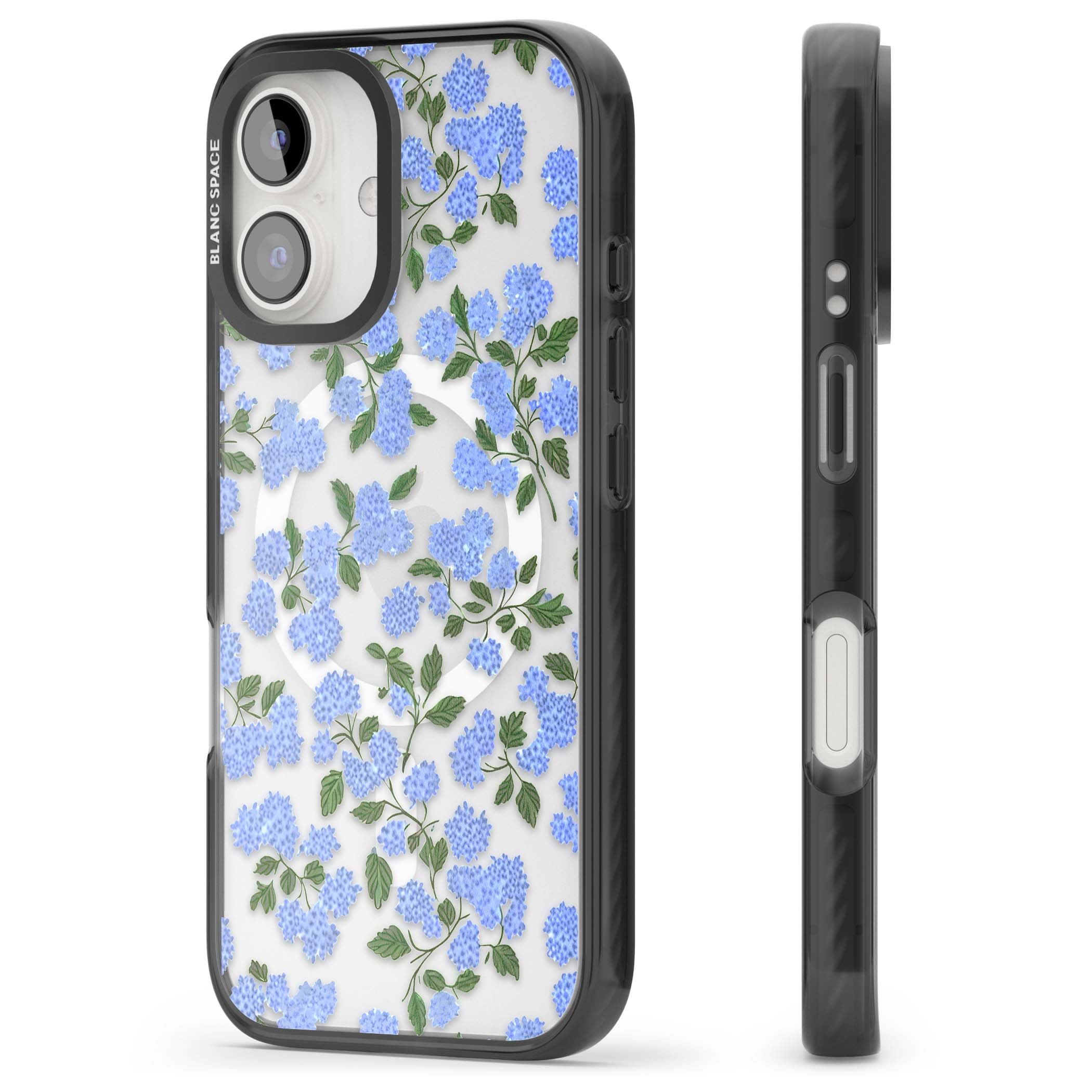 Hydrangea Dreams cottagecore iPhone case featuring soft blue hydrangea flower clusters and green leaves | Black Impact Magsafe case for iPhone 16, iPhone 16 Plus
