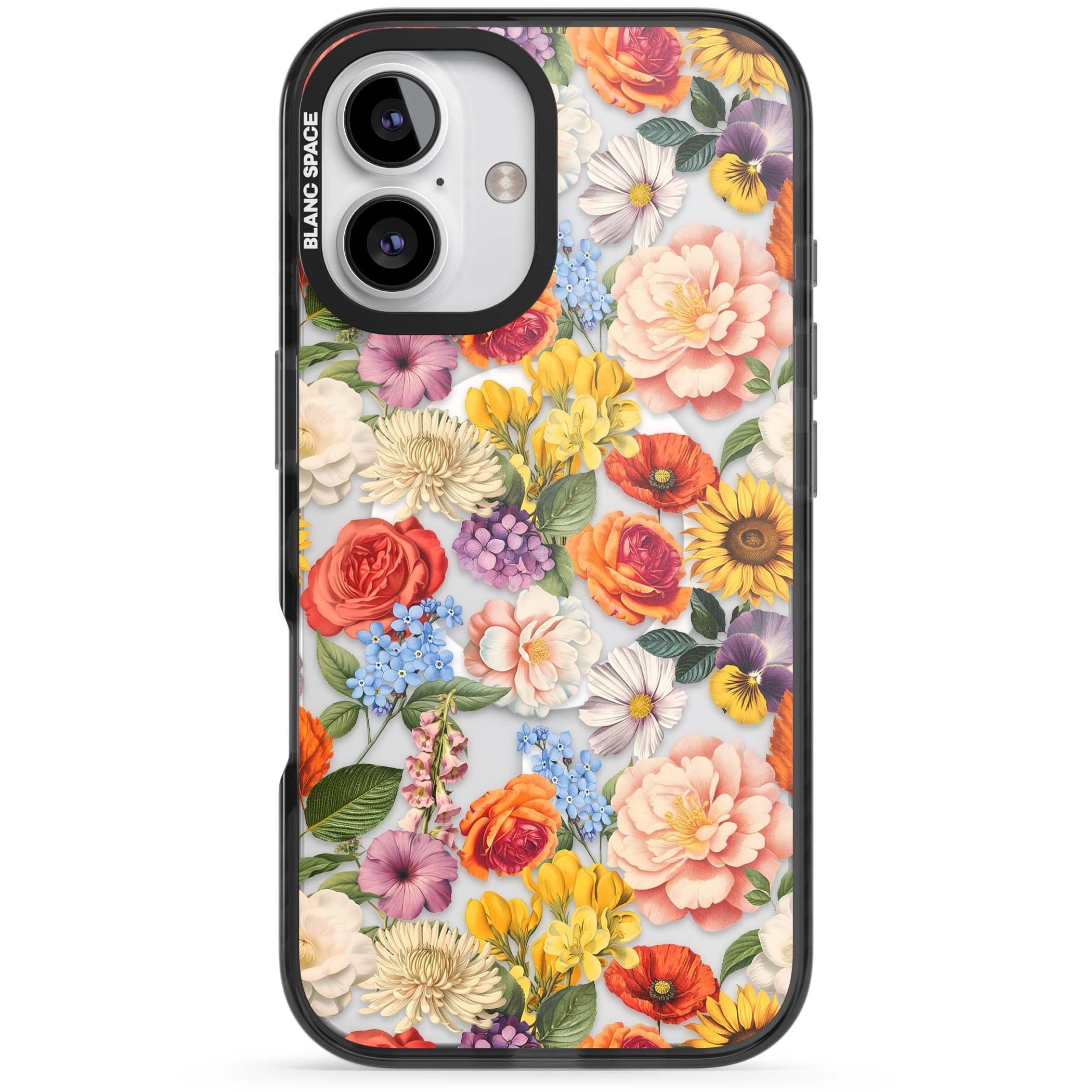 Bloom Basket floral iPhone case featuring cottage garden flowers including peonies, sunflowers, and wildflowers in pastel col | Black Impact Magsafe case for iPhone 16, iPhone 16 Plus