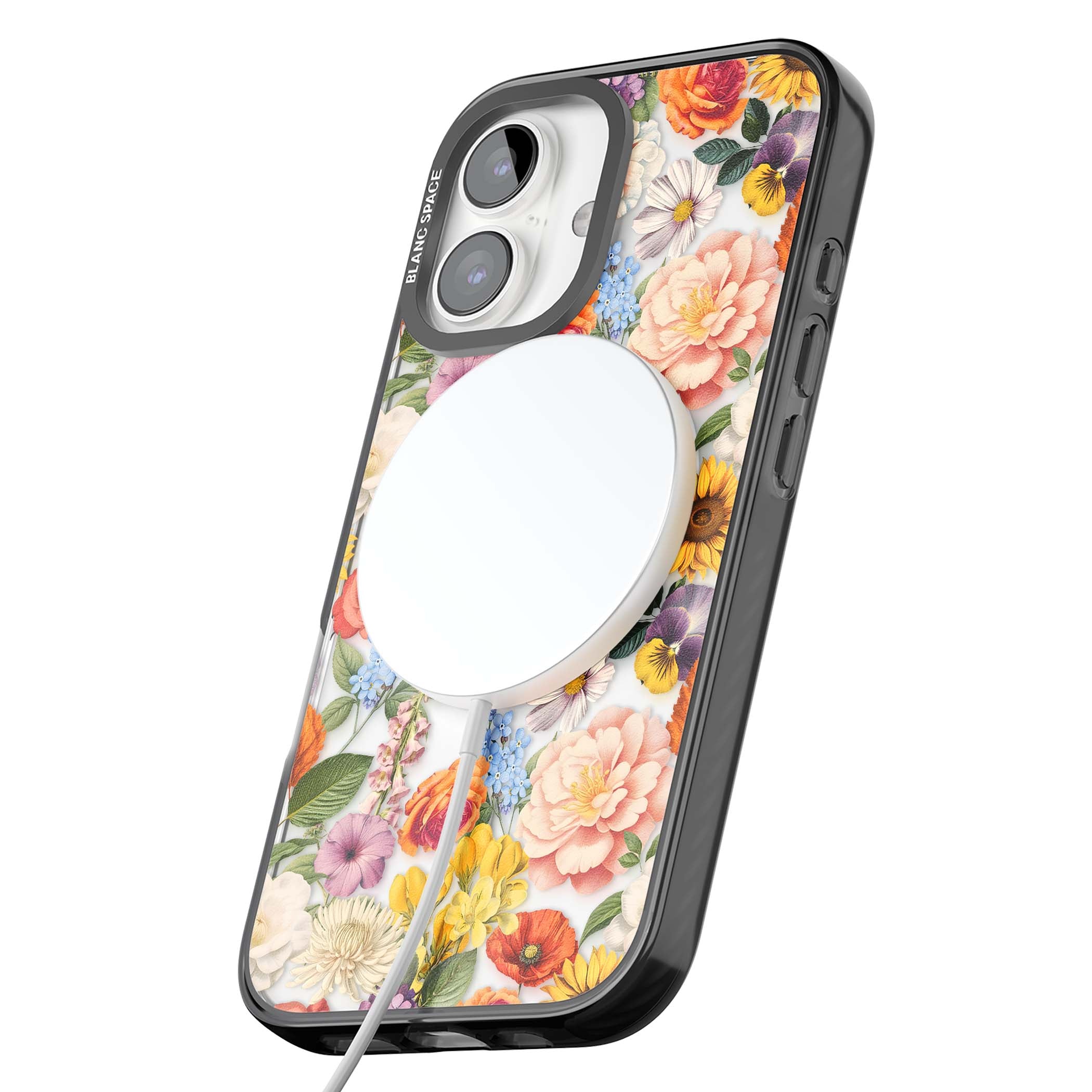 Bloom Basket floral iPhone case featuring cottage garden flowers including peonies, sunflowers, and wildflowers in pastel col | Black Impact Magsafe case for iPhone 16, iPhone 16 Plus