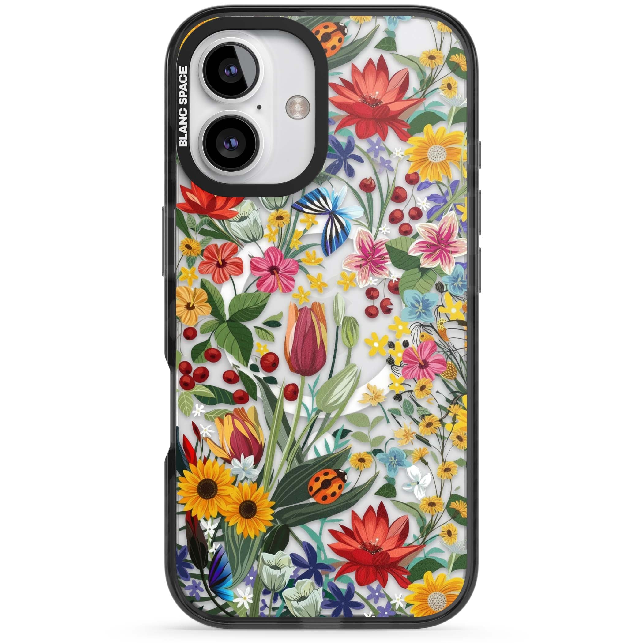 Botanical Bloom cottagecore iPhone case featuring colorful wildflowers, sunflowers, and ladybugs on clear background | Black Impact Magsafe case for iPhone 16, iPhone 16 Plus