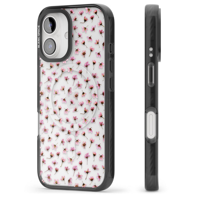 iPhone 16 Pro Max Small Pink Blossoms Transparent Design Black Impact Phone Case