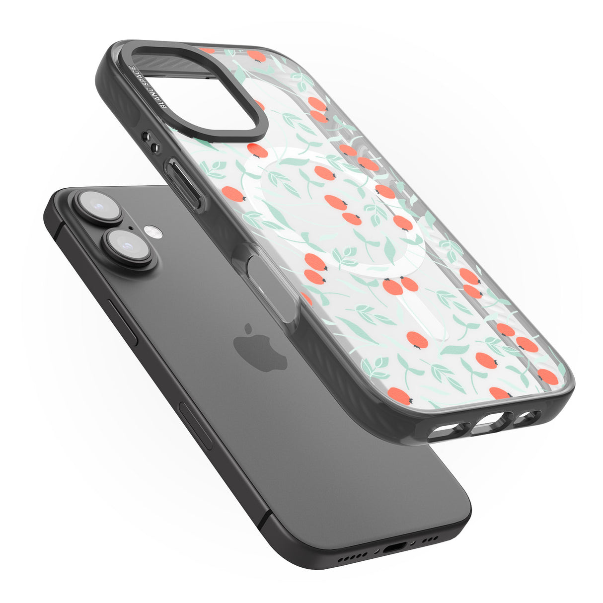 iPhone 16 Pro Max Red Berries Transparent Floral Black Impact Phone Case