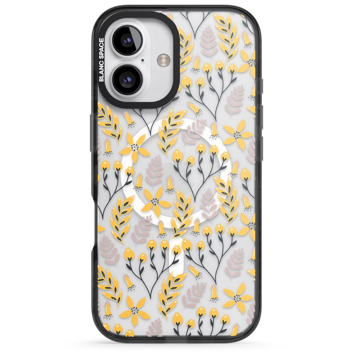 iPhone 16 Pro Max Yellow Leaves Transparent Floral Black Impact Phone Case