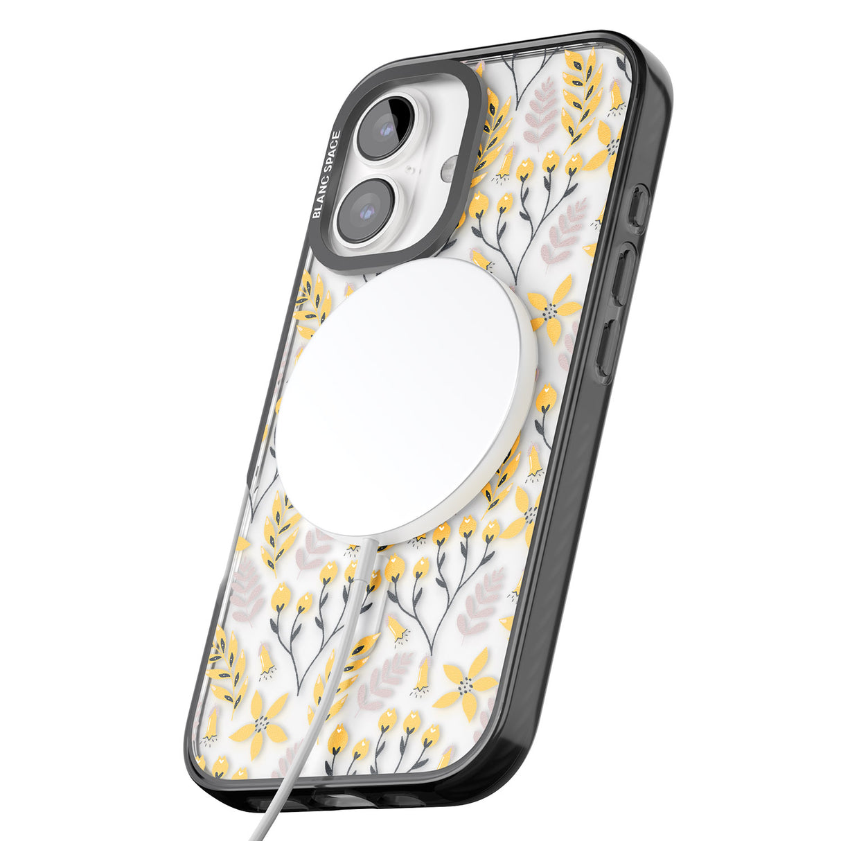 iPhone 16 Pro Max Yellow Leaves Transparent Floral Black Impact Phone Case