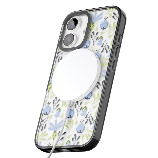 iPhone 16 Pro Max Blue Flora Transparent Floral Black Impact Phone Case