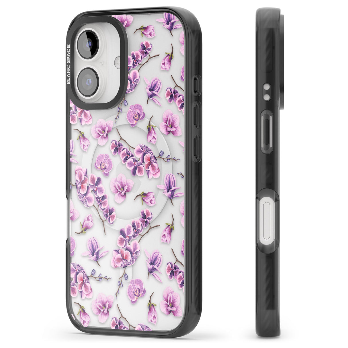 iPhone 16 Pro Max Purple Orchids Transparent Floral Black Impact Phone Case