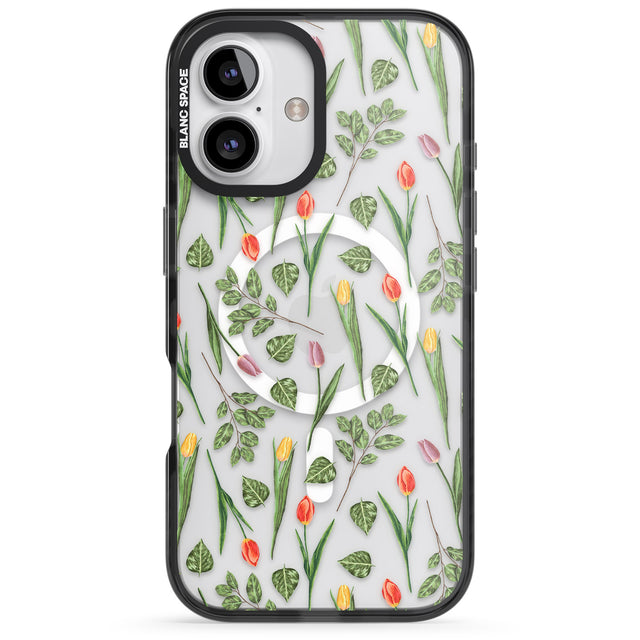 iPhone 16 Pro Max Spring Tulips Transparent Floral Black Impact Phone Case