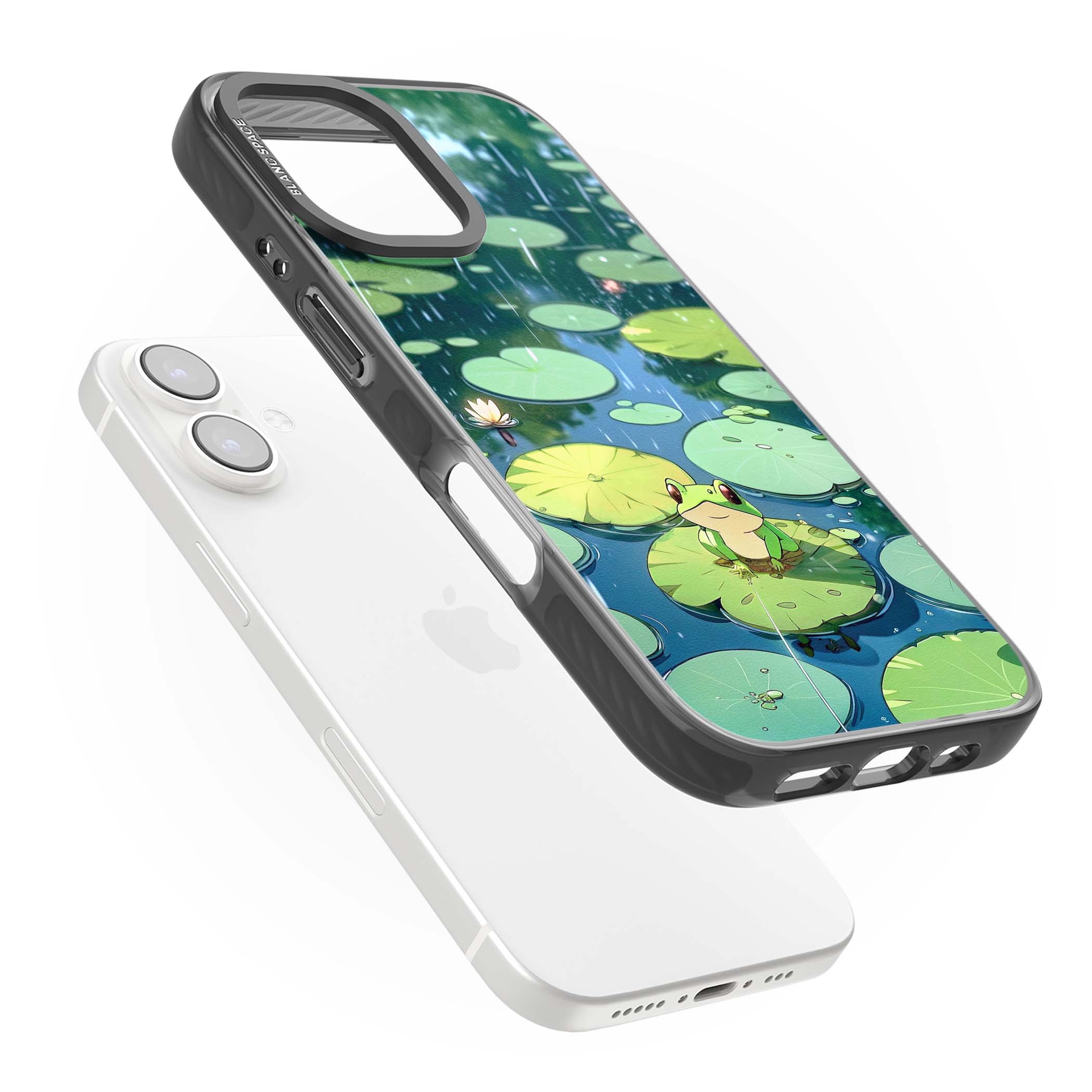 Frog In Lily Pond cottagecore iPhone case featuring a cute green frog on a lily pad with falling rain and a lotus flower | Black Impact Magsafe case for iPhone 16, iPhone 16 Plus