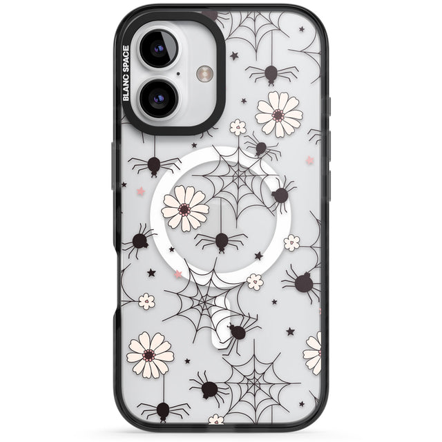 Spiders and Flowers Pattern Black Impact Magsafe Phone Case for iPhone 16, iPhone 16 Plus