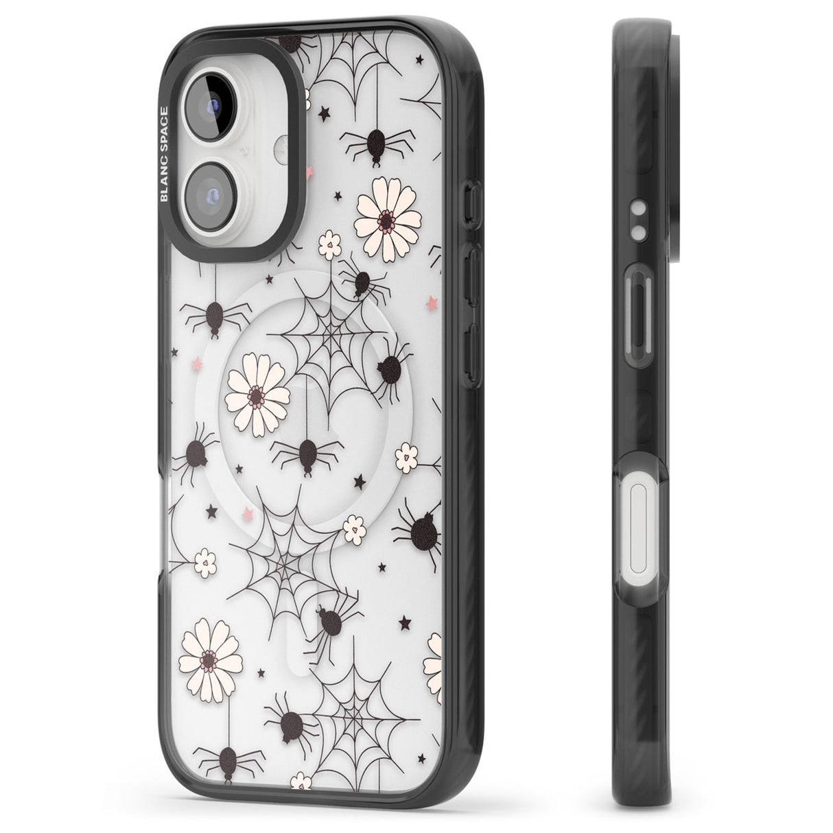 Spiders and Flowers Pattern Black Impact Magsafe Phone Case for iPhone 16, iPhone 16 Plus