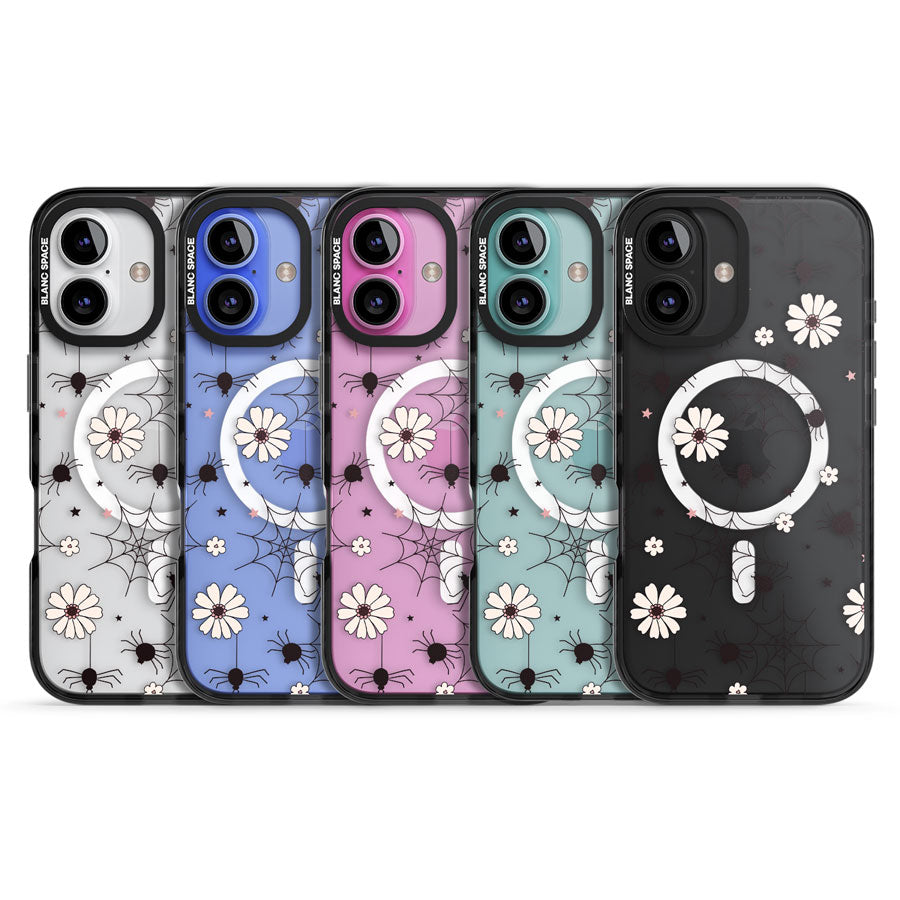 Spiders and Flowers Pattern Black Impact Magsafe Phone Case for iPhone 16, iPhone 16 Plus