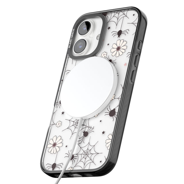 Spiders and Flowers Pattern Black Impact Magsafe Phone Case for iPhone 16, iPhone 16 Plus