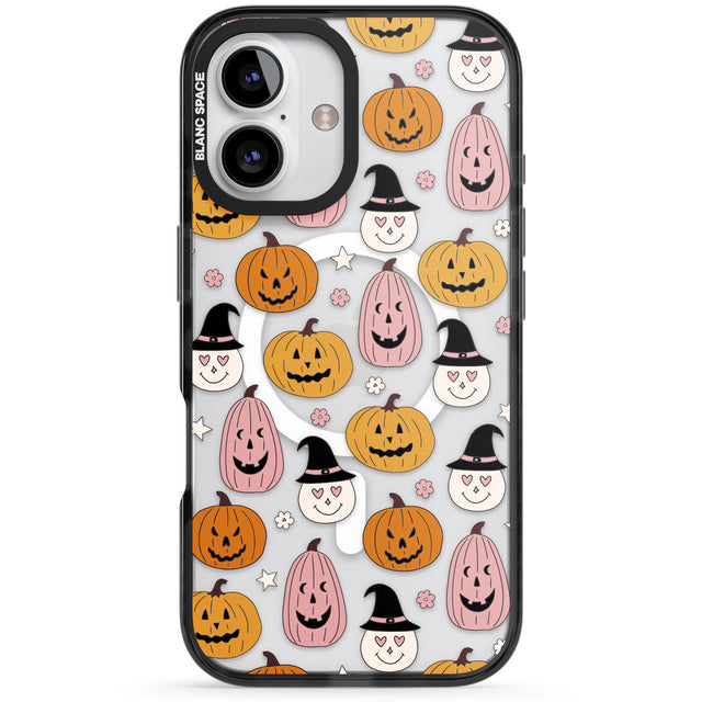 Witches and Pumpkins Pattern Black Impact Magsafe Phone Case for iPhone 16, iPhone 16 Plus