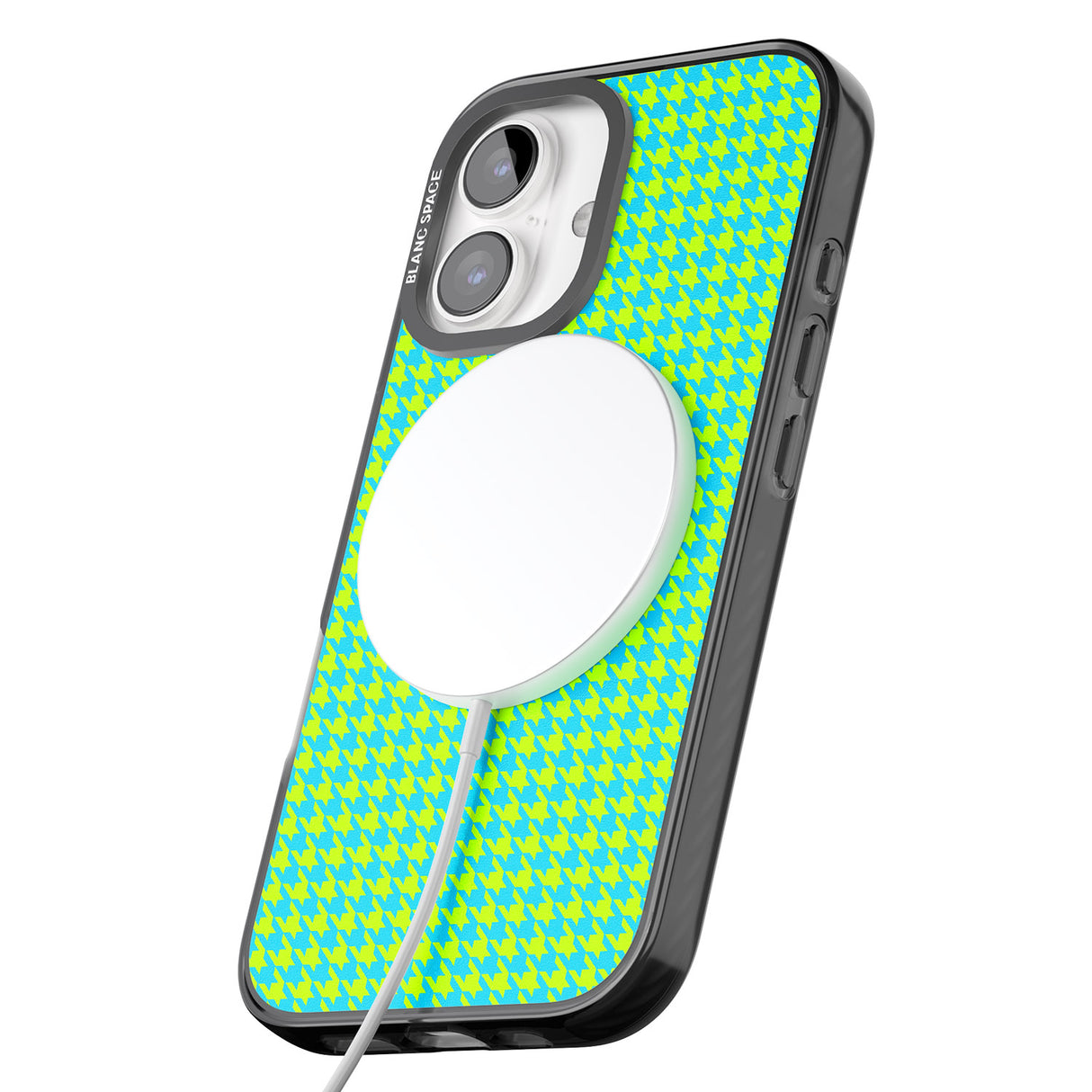 iPhone 16 Pro Max Neon Lime & Turquoise Houndstooth Pattern Black Impact Phone Case