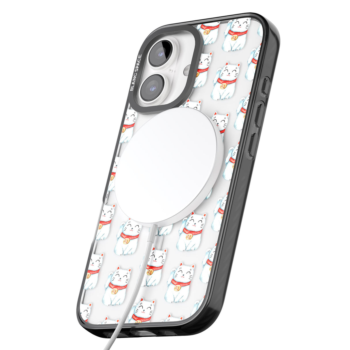 iPhone 16 Pro Max Lucky Cat Maneki-Neko Japanese Pattern Black Impact Phone Case