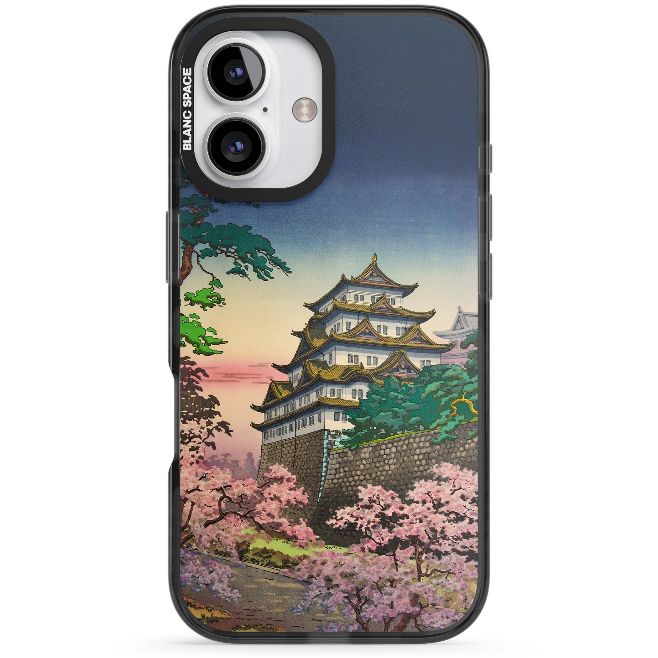 Nagoya Castle Japanese iPhone case featuring a vintage pagoda, twilight sky and cherry blossom trees | Black Impact Magsafe case for iPhone 16, iPhone 16 Plus