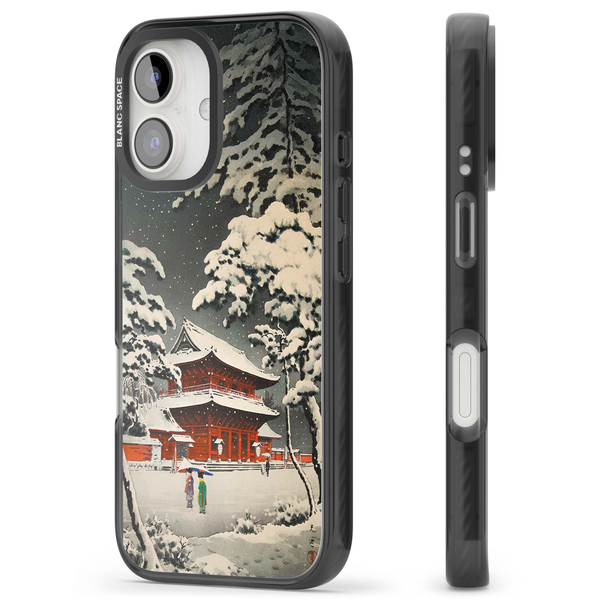 Snow at Shiha Park, Tokyo Japanese art iPhone case featuring a vintage ukiyo-e snowy temple, red pagoda, and snow-covered pin | Black Impact Magsafe case for iPhone 16, iPhone 16 Plus