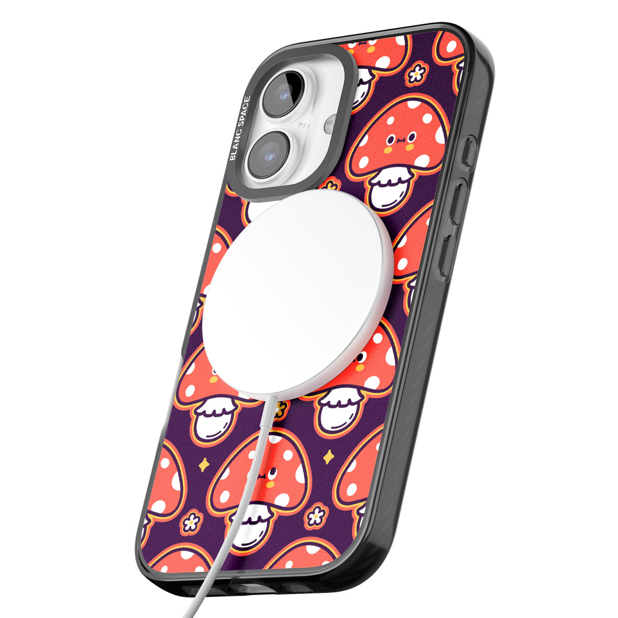 iPhone 16 Pro Max Mushroom Kawaii Pattern Black Impact Phone Case