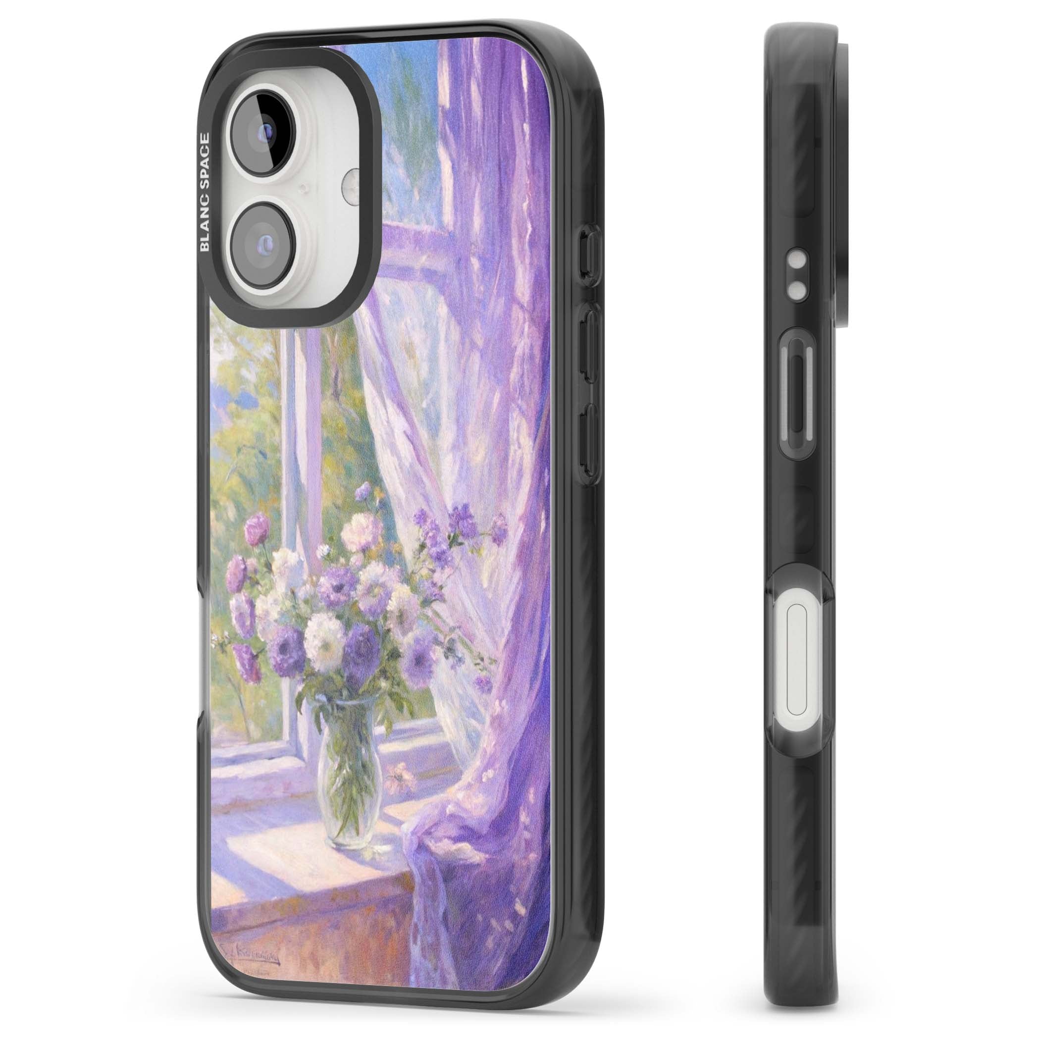 A Provence Morning impressionist art iPhone case featuring a vase of purple flowers, sunlit window and sheer curt | Black Impact Magsafe case for iPhone 16, iPhone 16 Plus