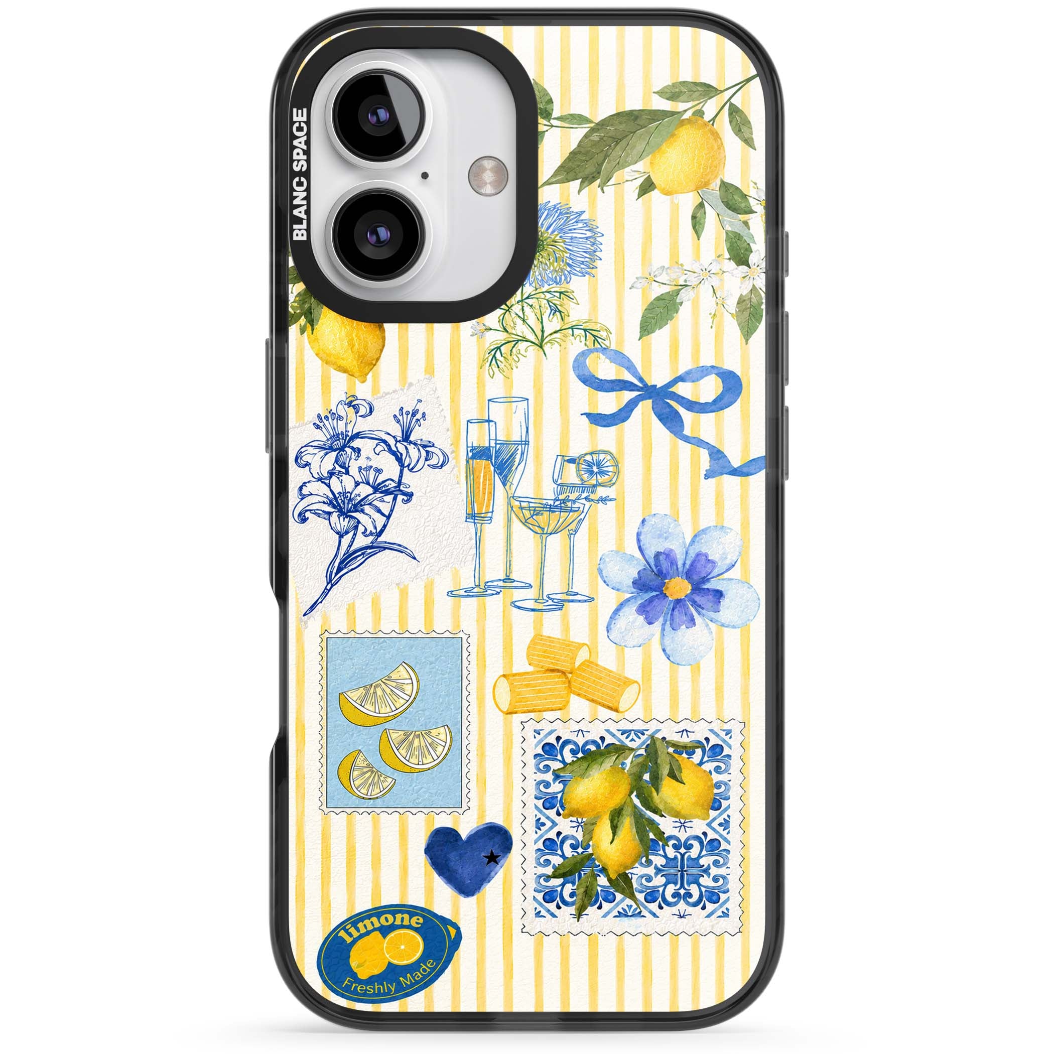 Limone Riviera Italian summer iPhone case featuring watercolour lemons, blue ribbon bows and majolica tile stamps on... | Black Impact Magsafe case for iPhone 16, iPhone 16 Plus