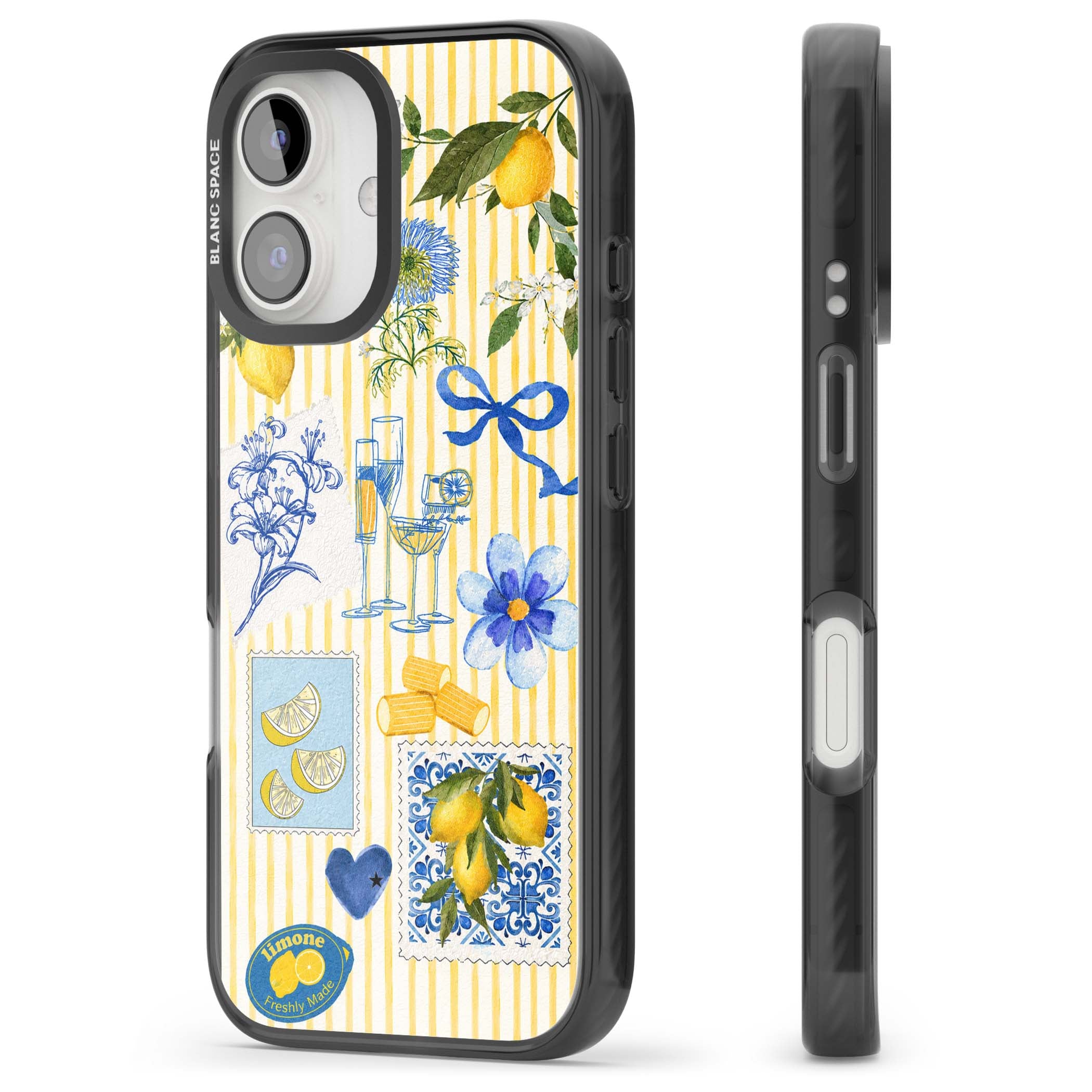 Limone Riviera Italian summer iPhone case featuring watercolour lemons, blue ribbon bows and majolica tile stamps on... | Black Impact Magsafe case for iPhone 16, iPhone 16 Plus