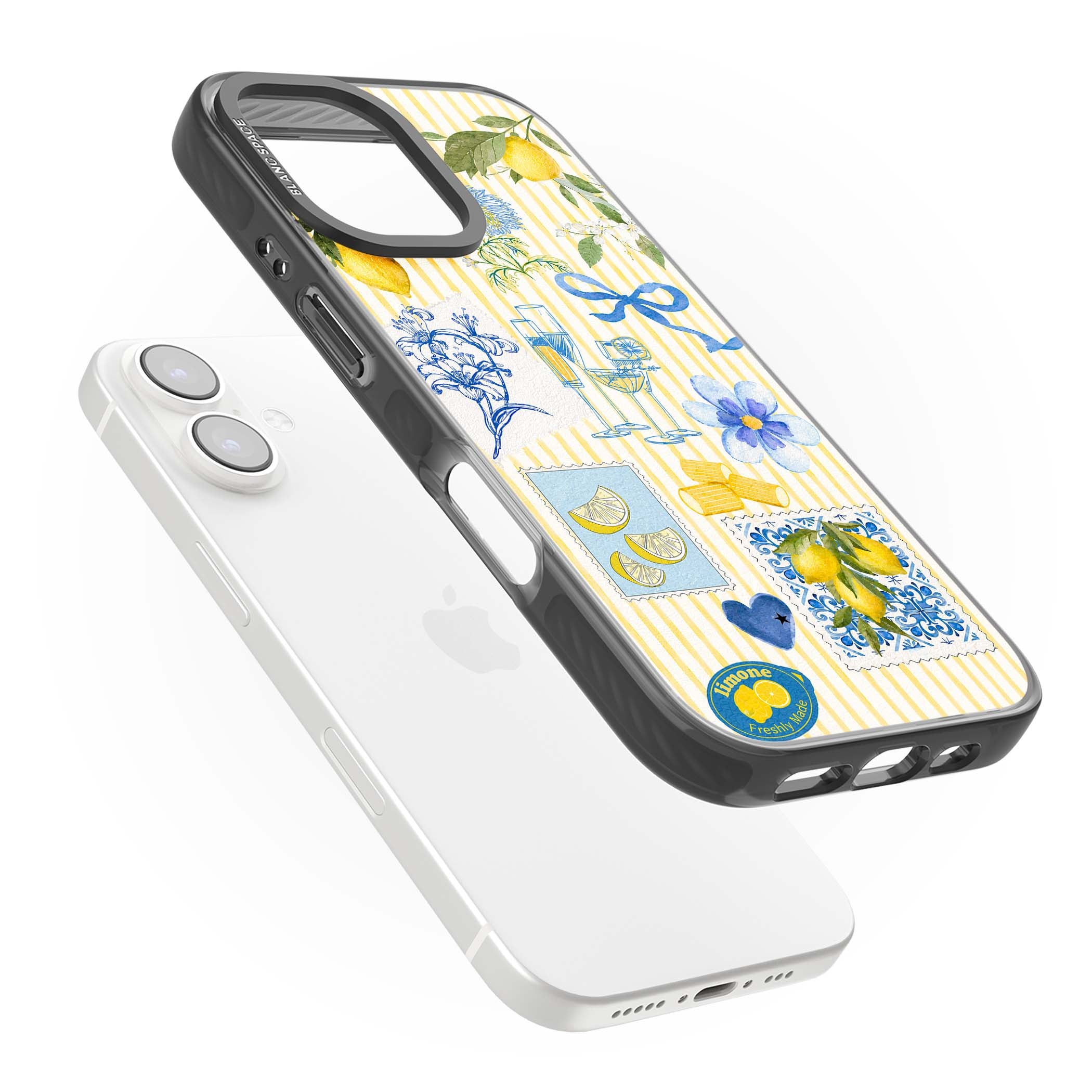 Limone Riviera Italian summer iPhone case featuring watercolour lemons, blue ribbon bows and majolica tile stamps on... | Black Impact Magsafe case for iPhone 16, iPhone 16 Plus