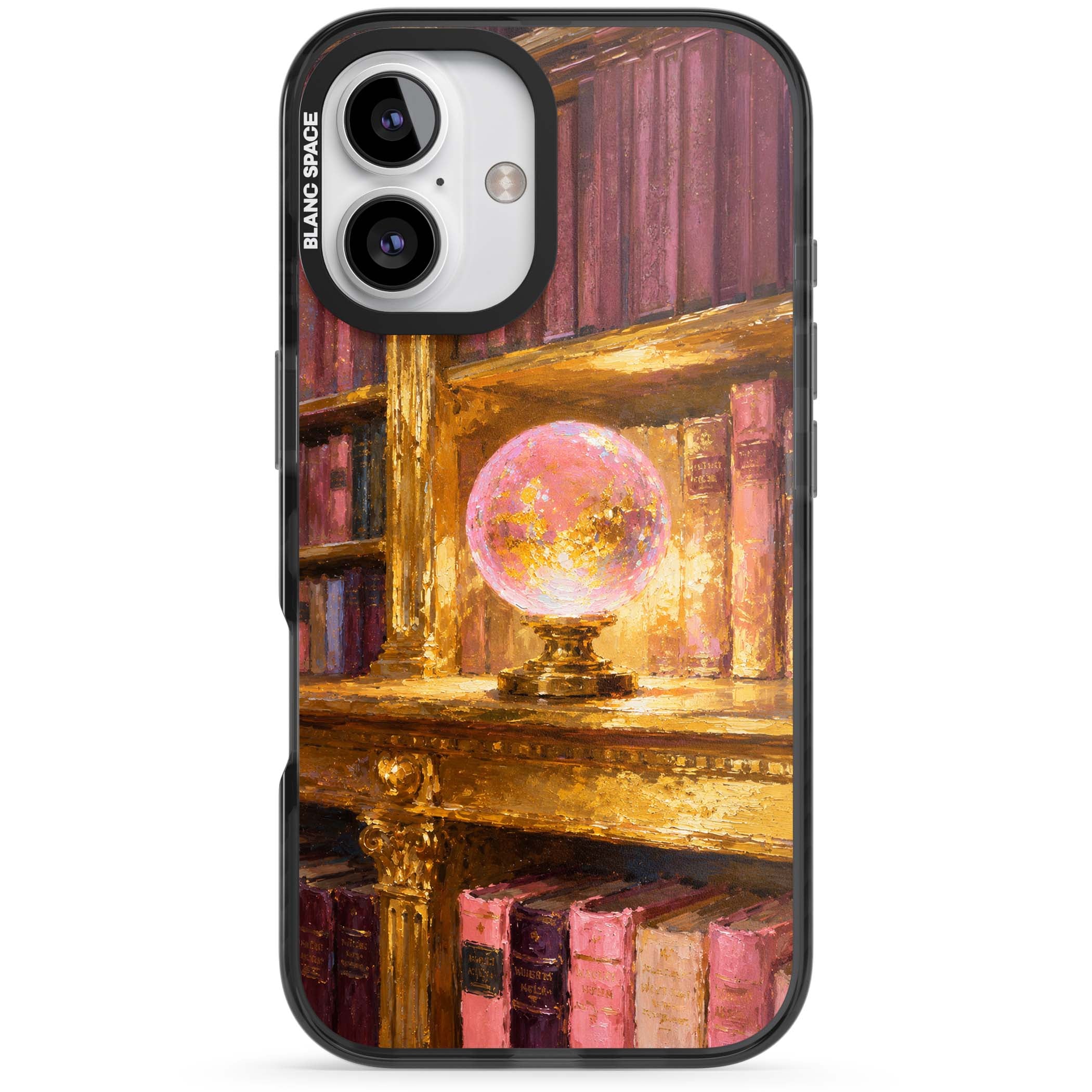 Gilded Library dark academia iPhone case featuring an oil painted crystal ball on a gilded library shelf with vintage | Black Impact Magsafe case for iPhone 16, iPhone 16 Plus