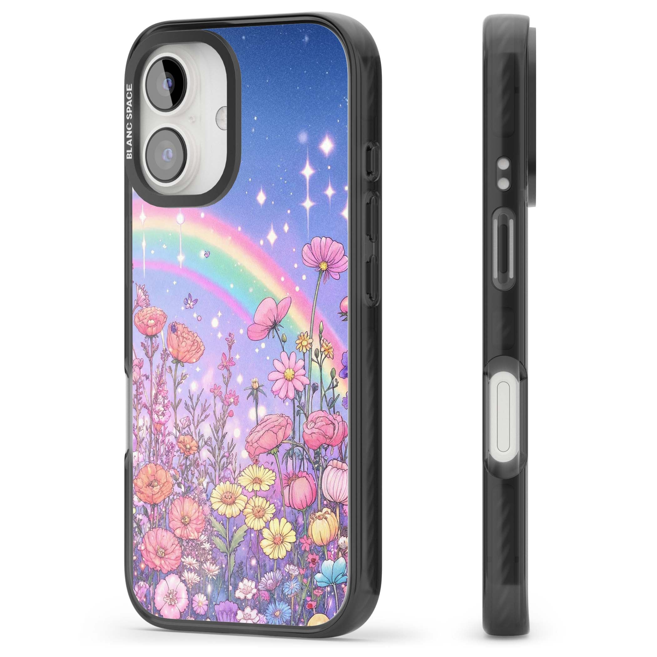 Magical Meadow fairycore iPhone case featuring a pastel rainbow, sparkling stars and a wildflower meadow | Black Impact Magsafe case for iPhone 16, iPhone 16 Plus