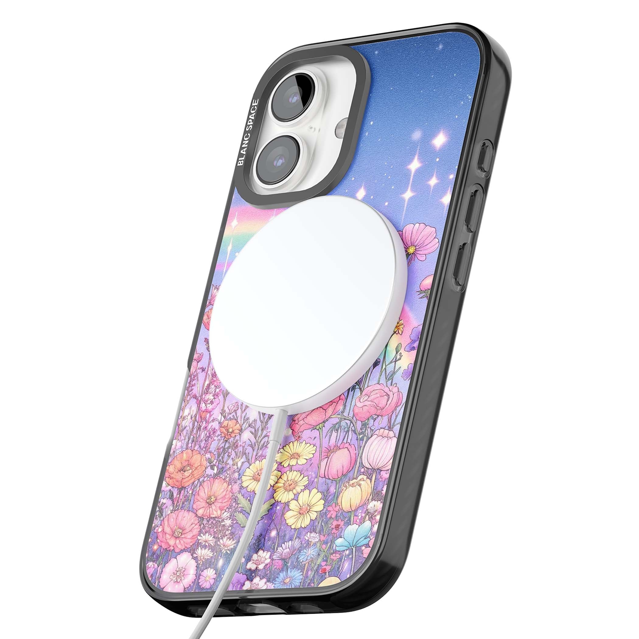 Magical Meadow fairycore iPhone case featuring a pastel rainbow, sparkling stars and a wildflower meadow | Black Impact Magsafe case for iPhone 16, iPhone 16 Plus