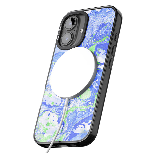 iPhone 16 Pro Max Dark Blue & Green Marbled Paper Pattern Black Impact Phone Case