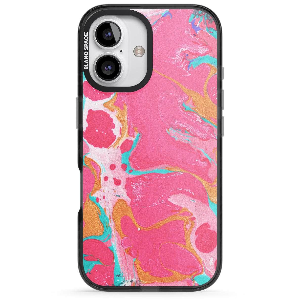 iPhone 16 Pro Max Pink, Orange & Turquoise Marbled Paper Pattern Black Impact Phone Case